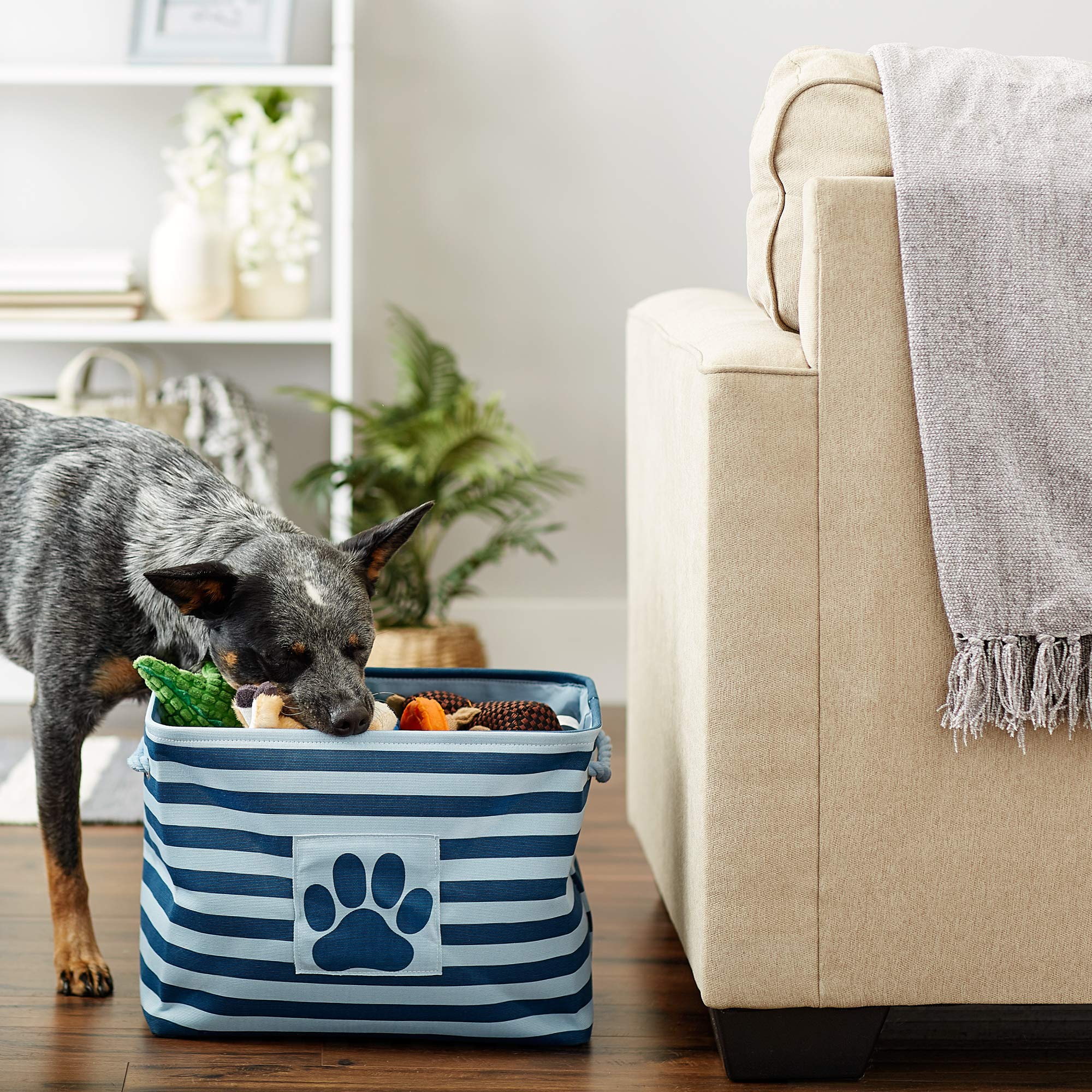 Bone Dry Polyester Pet Bin Stripe With Paw Patch Dark Navy Rectangle Medium