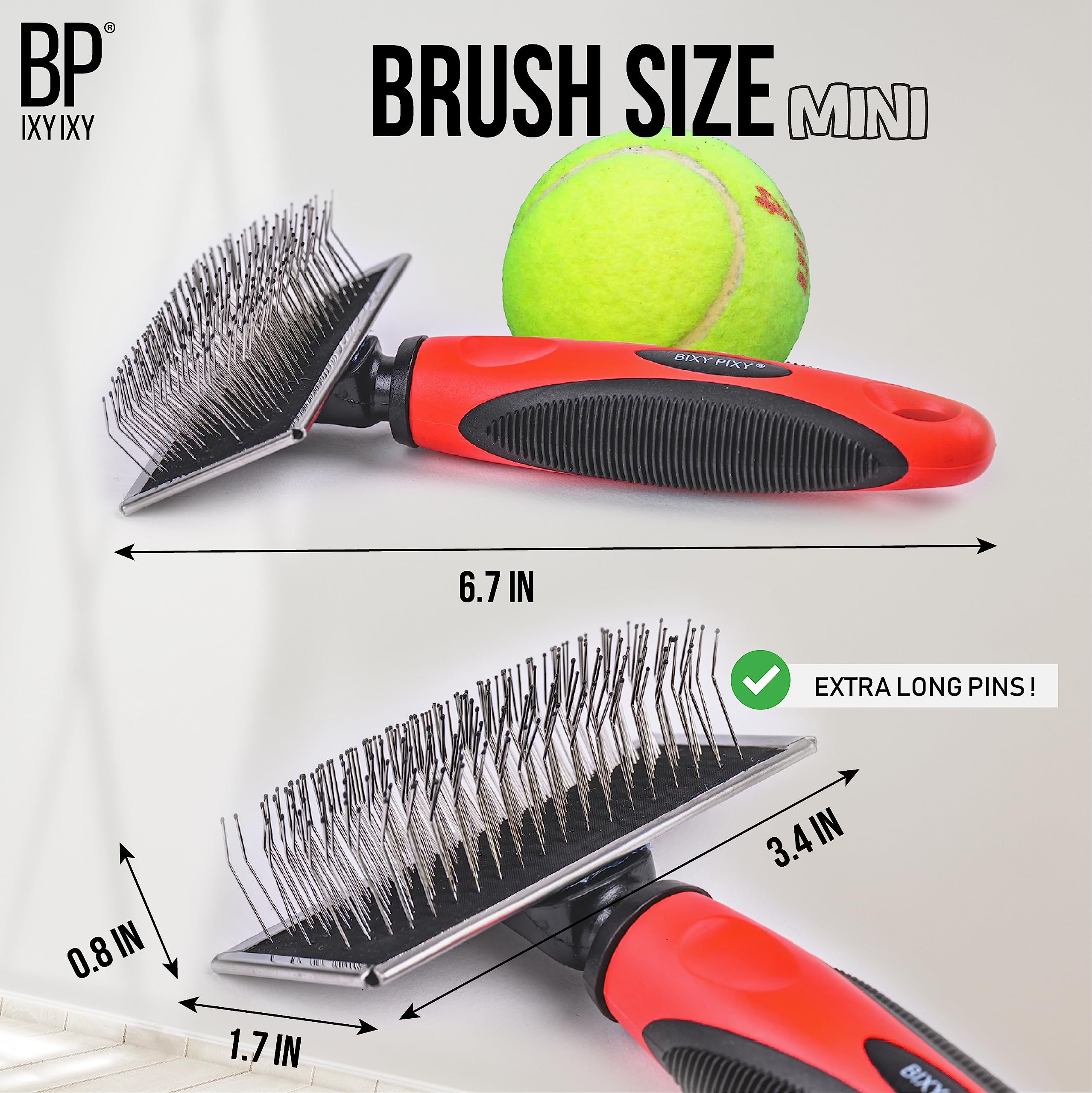 Bixy Pixy Mini Brush For Dogs And Cats - Coated Tips Massage Skin - Long Pins Remove Mats, Tangles In Long And Poodle Fur