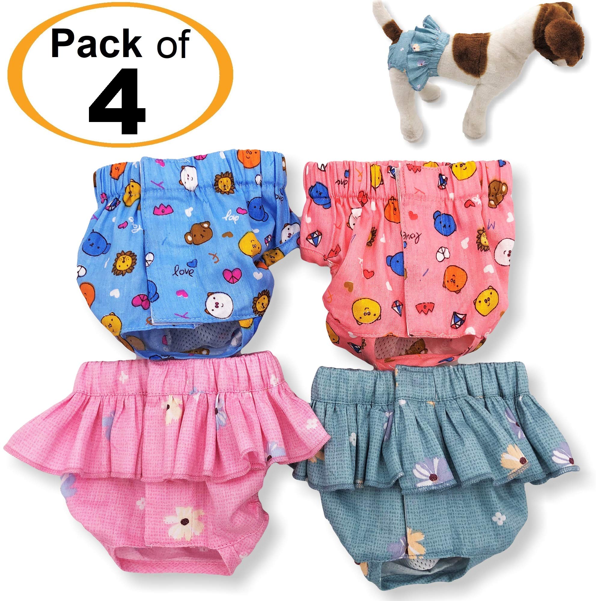 Funnydogclothes Pack Of 4 Dog Female Diapers Sanitary Pants And Skirts Cotton For Small Pet Cat (Pack Of 4 - Skirts & Pants, S: Waist: 10' - 13')