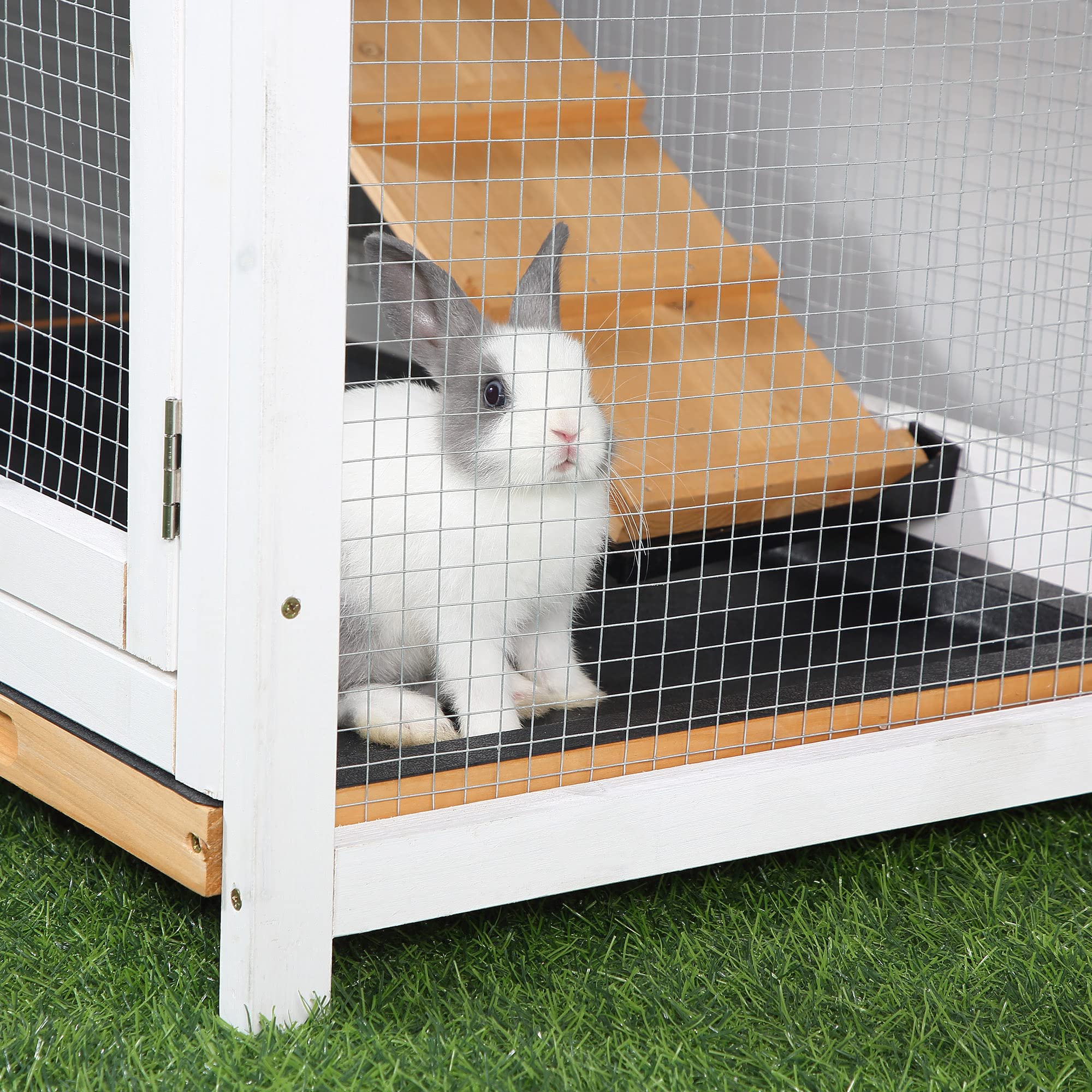 PawHut 62 Rabbit Hutch, Wooden Bunny Hutch, Guinea Pig Cage, Small Animal Enclosure with Run Area, Removable Tray, Asphalt Roof,