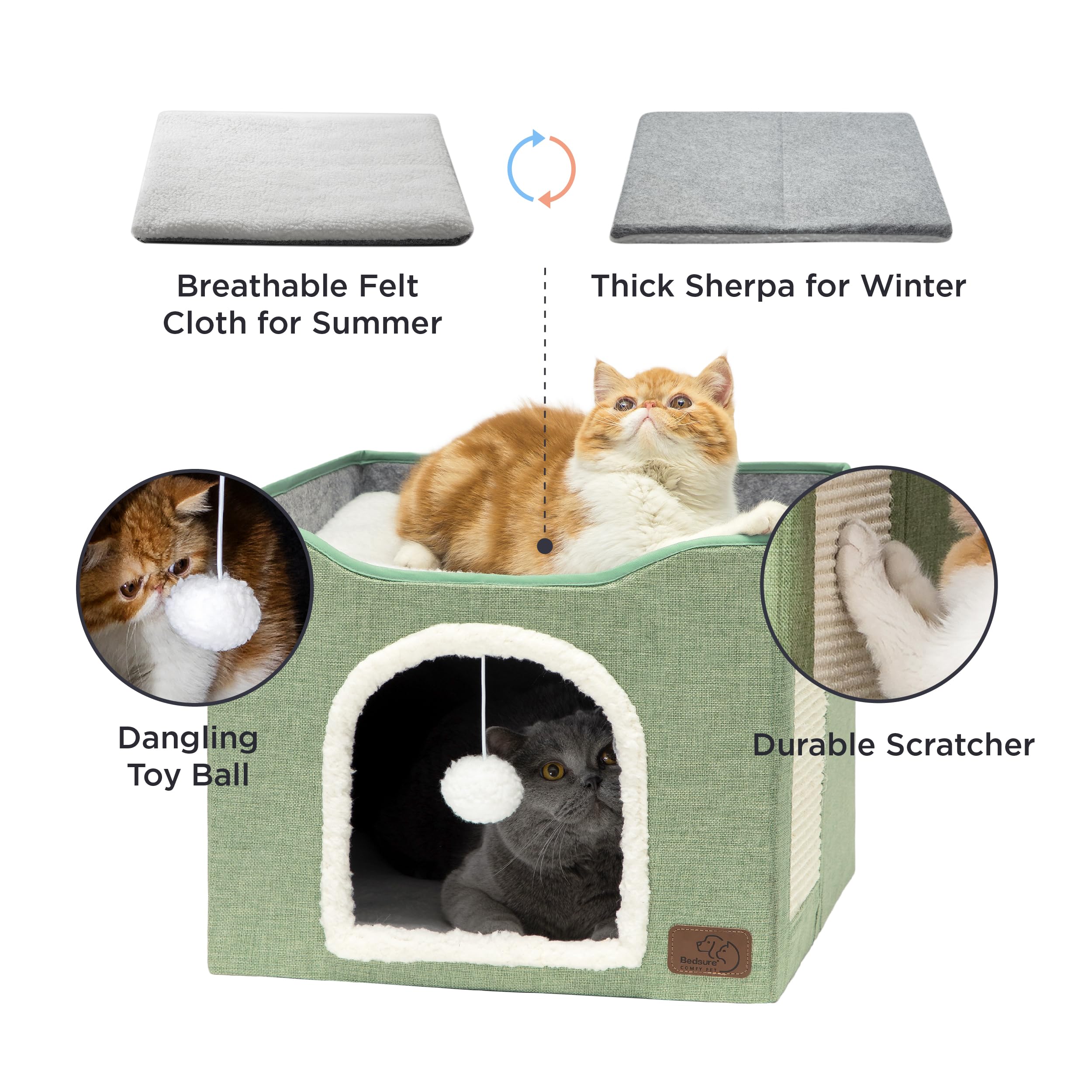 Bedsure Cat Beds For Indoor Cats - Large Cat Cave For Pet Cat House With Fluffy Ball Hanging And Scratch Pad, Foldable Cat Hideaway,16.5X16.5X13 Inches, Green