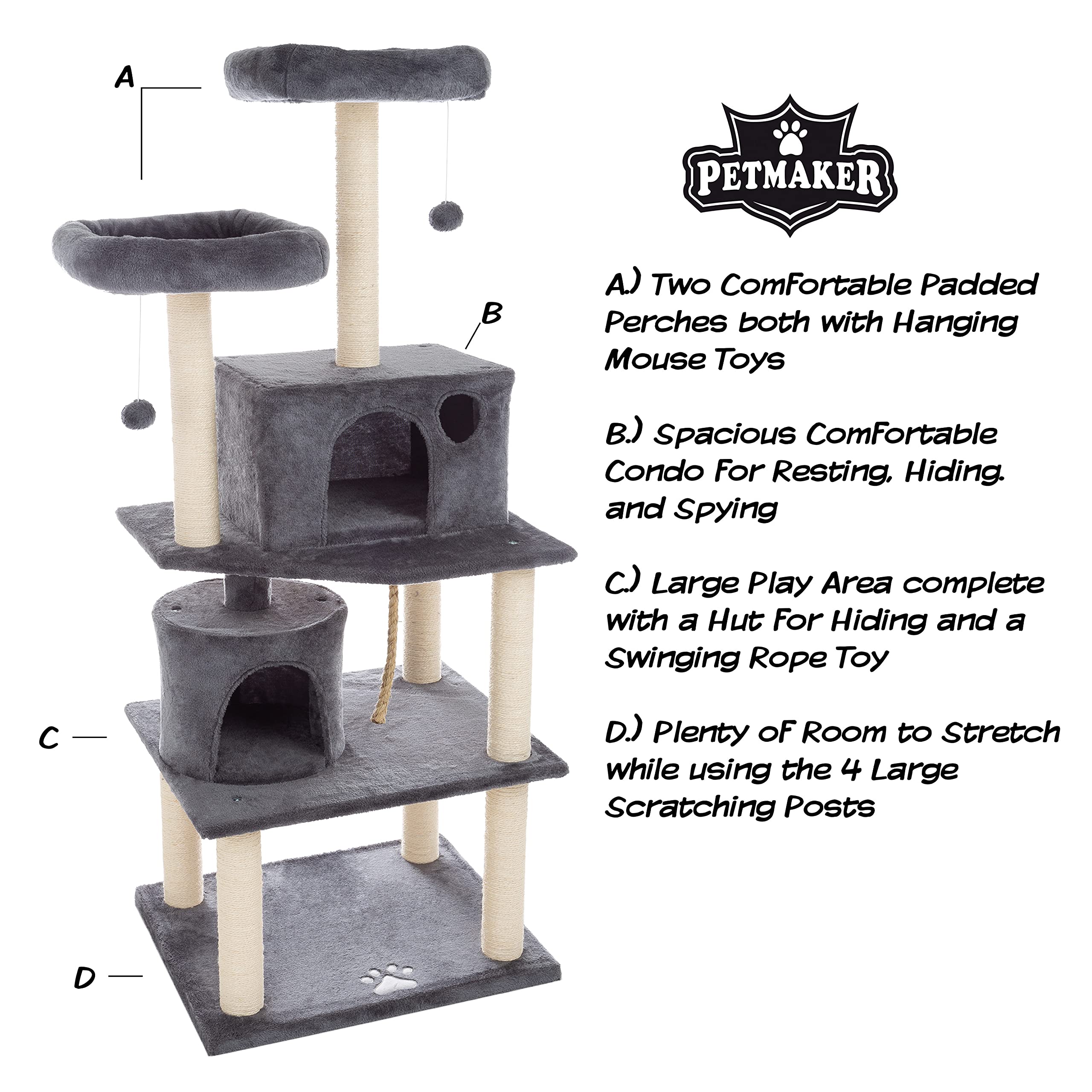 5-Tier Ultimate Cat Tree - 8 Cat Scratching Posts, 2 Padded Perches, 2 Kitty Huts, and 3 Hanging Toys for Multiple Cats by PETMA