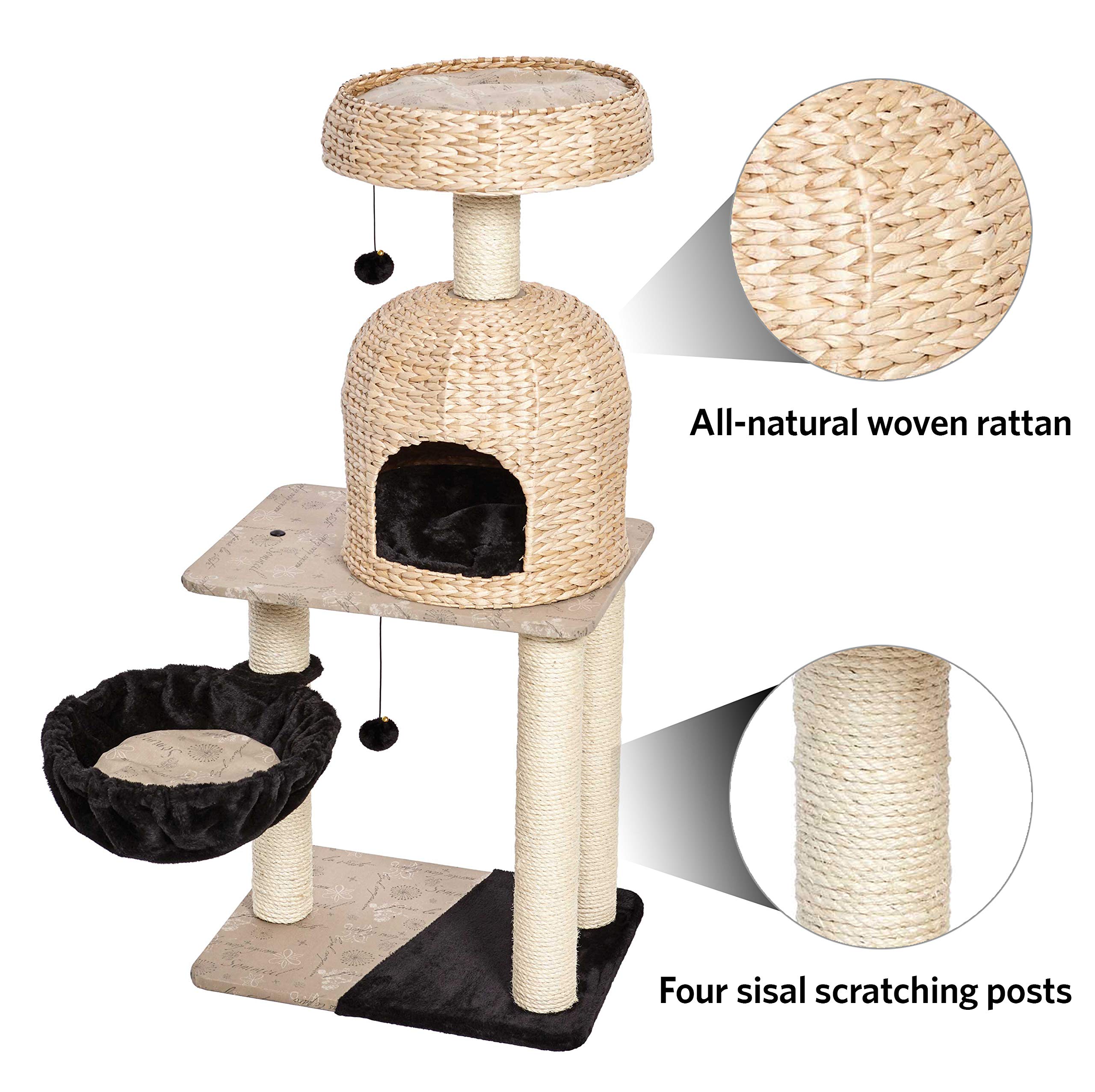 Midwest Homes For Pets Cat Tree | Reid Cat Furniture, 3-Tier Cat Activity Tree W/ Sisal Wrapped Support Scratching Posts & Dangle Play Balls, Woven Rattan & Script Medium Cat Tree