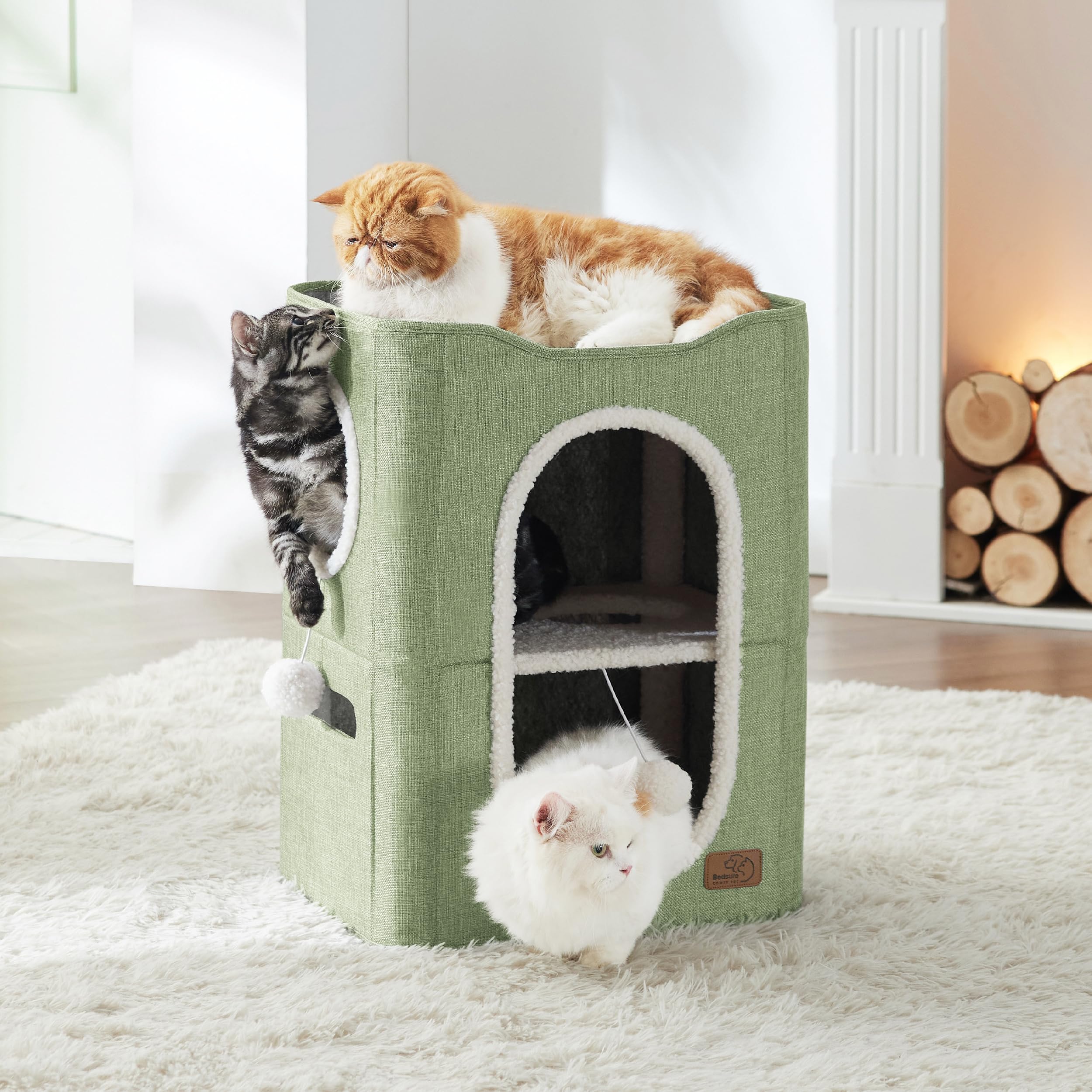 Bedsure 2-Level Cat House For Indoor Cats - Small Cat Towers With Scratch Pad And Hideaway Condo, Cat Cave Bed Furniture For Multi Pets And Large Cats, 18X14X23 Inches, Green