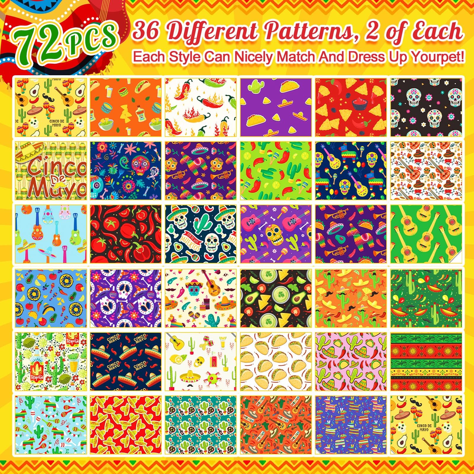 Bulyoou 72 Pcs Mexican Dog Bandanas Bulk Cinco De Mayo Bandanas for Dogs Adjustable Washable Pet Triangle Scarf Soft Kerchief Bi