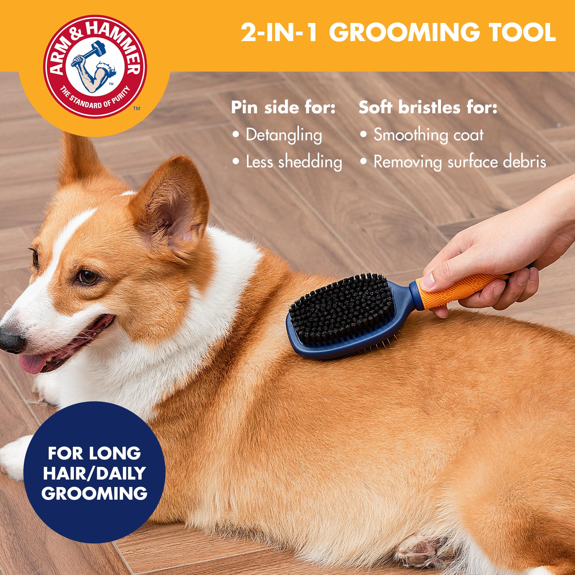 Arm & Hammer Deodorizing Pin & Bristle Dog Grooming Brush with Fragrance Transfer Technology - Scented 2-in-1 Dog Brush for Deta