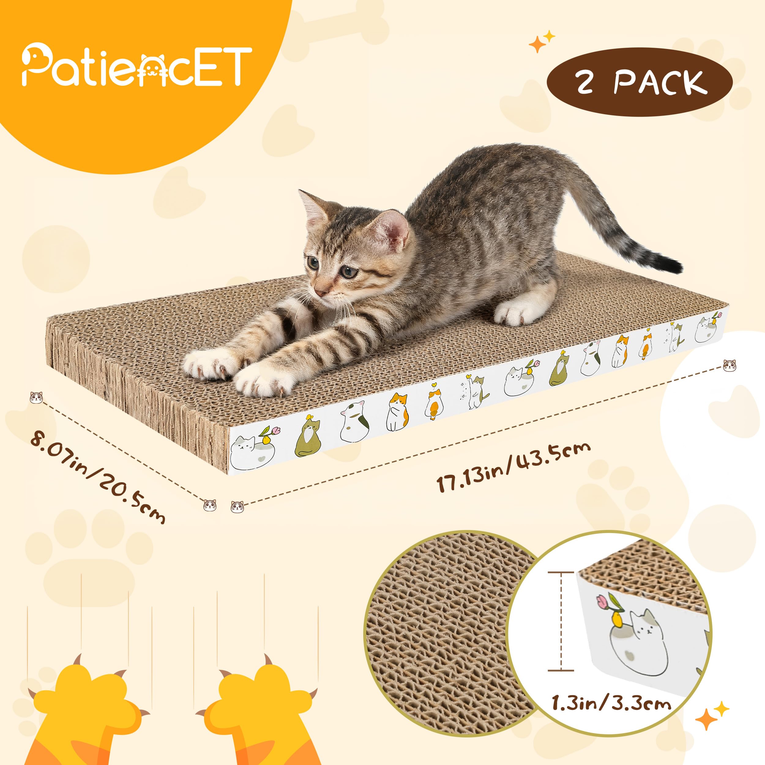 PatiencET 2 Pack Cardboard Cat Scratcher Pad with Catnips, Flat Double-Sided Cat Scratching Board for Small Medium Cats Kittens