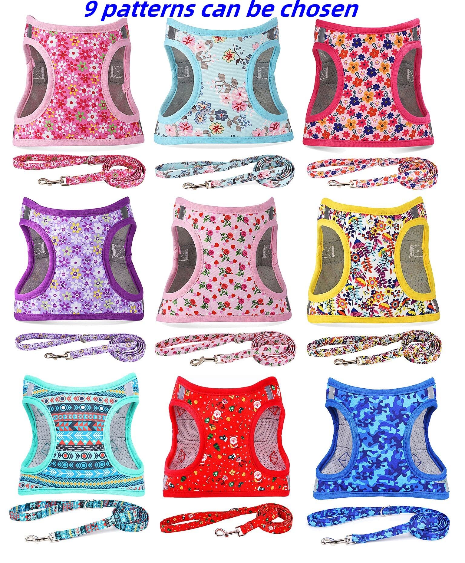 Moonpet Step In Valentine'S Day Dog Harness Leash Set- All Weather Reflective No-Pull Floral Pattern Padded Mesh Vest Harness Fo