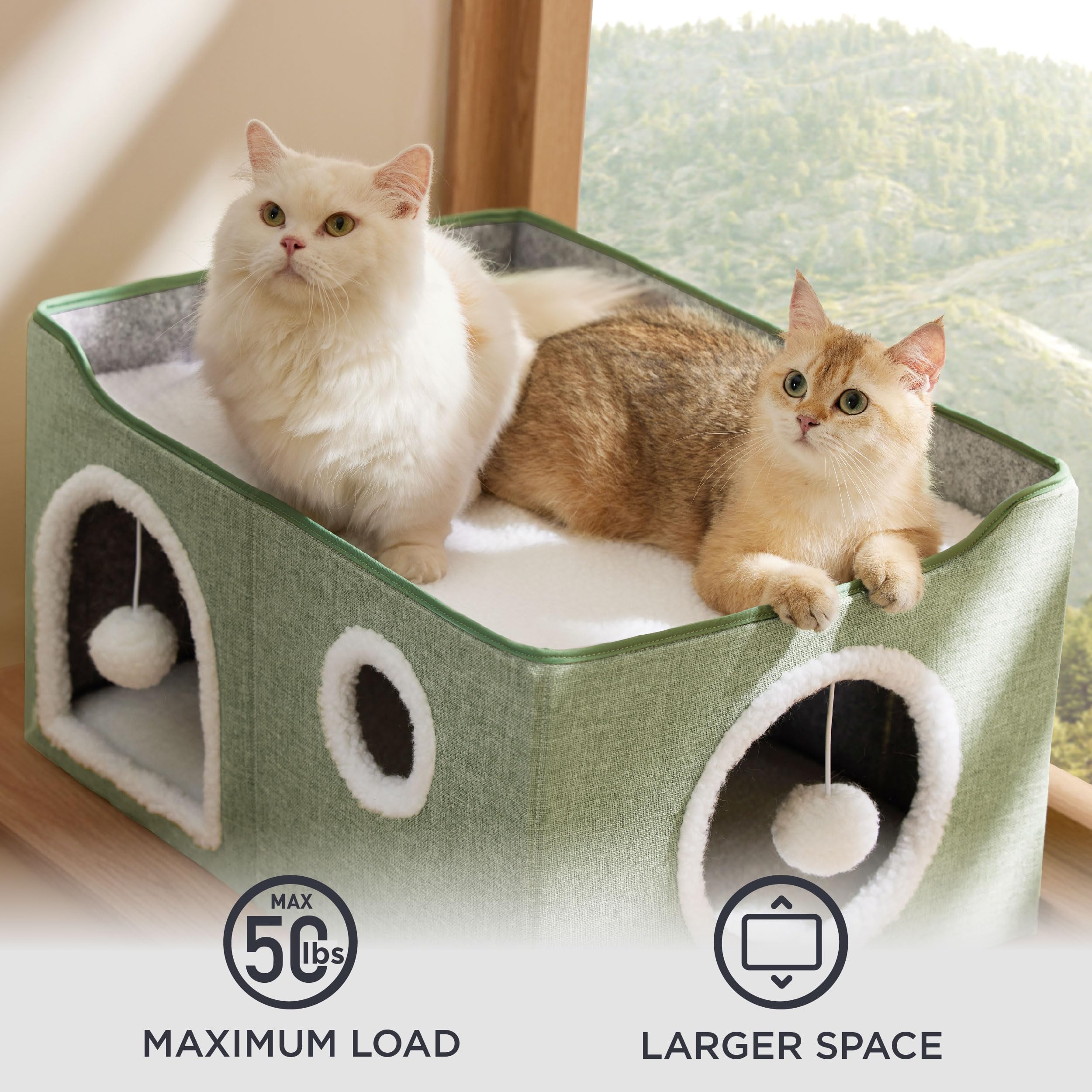 Bedsure Extra-Wide Cat House - Foldable Cat Cave with Scratch Pad, 23.6x16.9x13 inches, Green, Polyester, Model US000125N0M