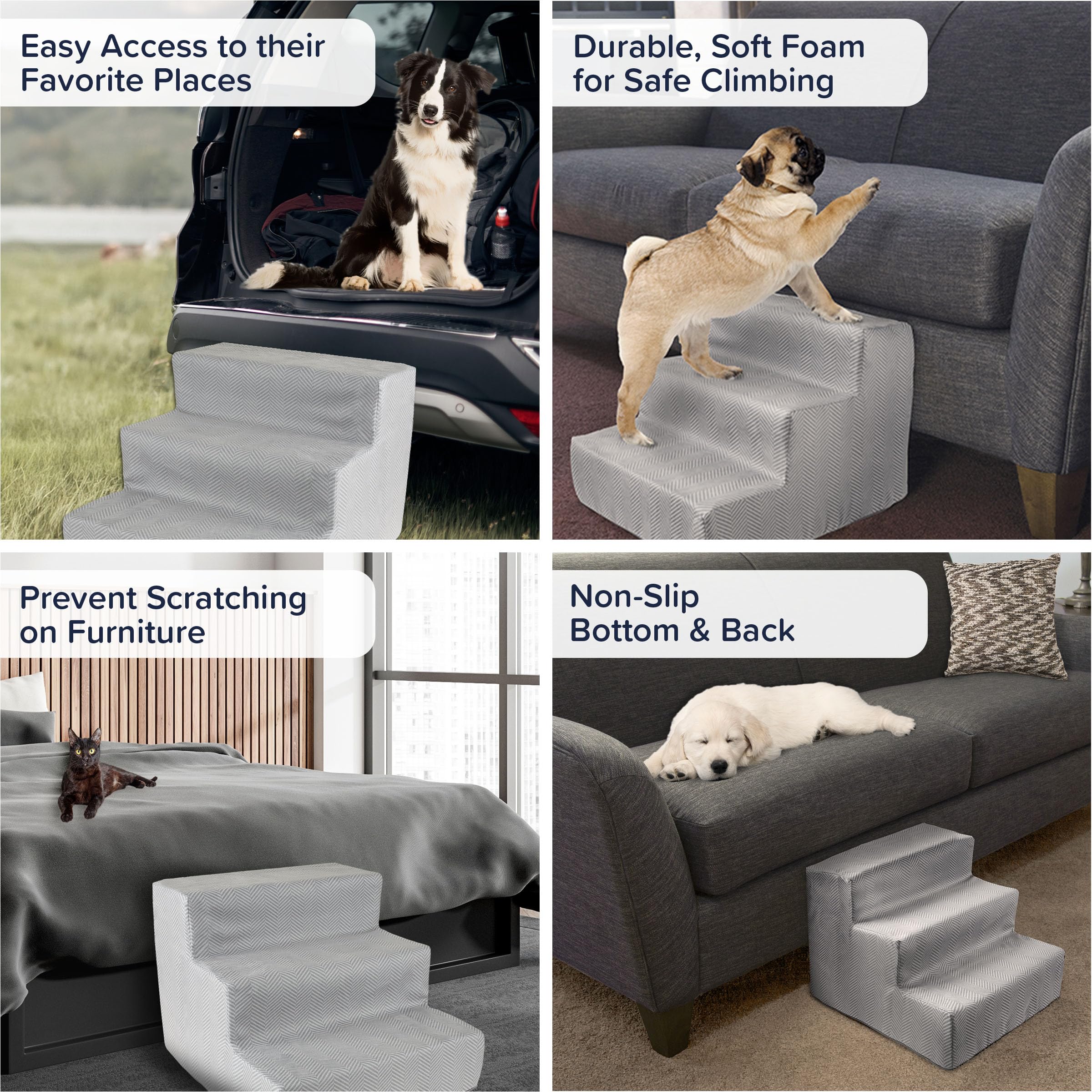 3-Step Pet Stairs - Nonslip Foam Dog and Cat Steps with Removable Zippered Microfiber Cover - 2-Tone Design for Home or Vehicle
