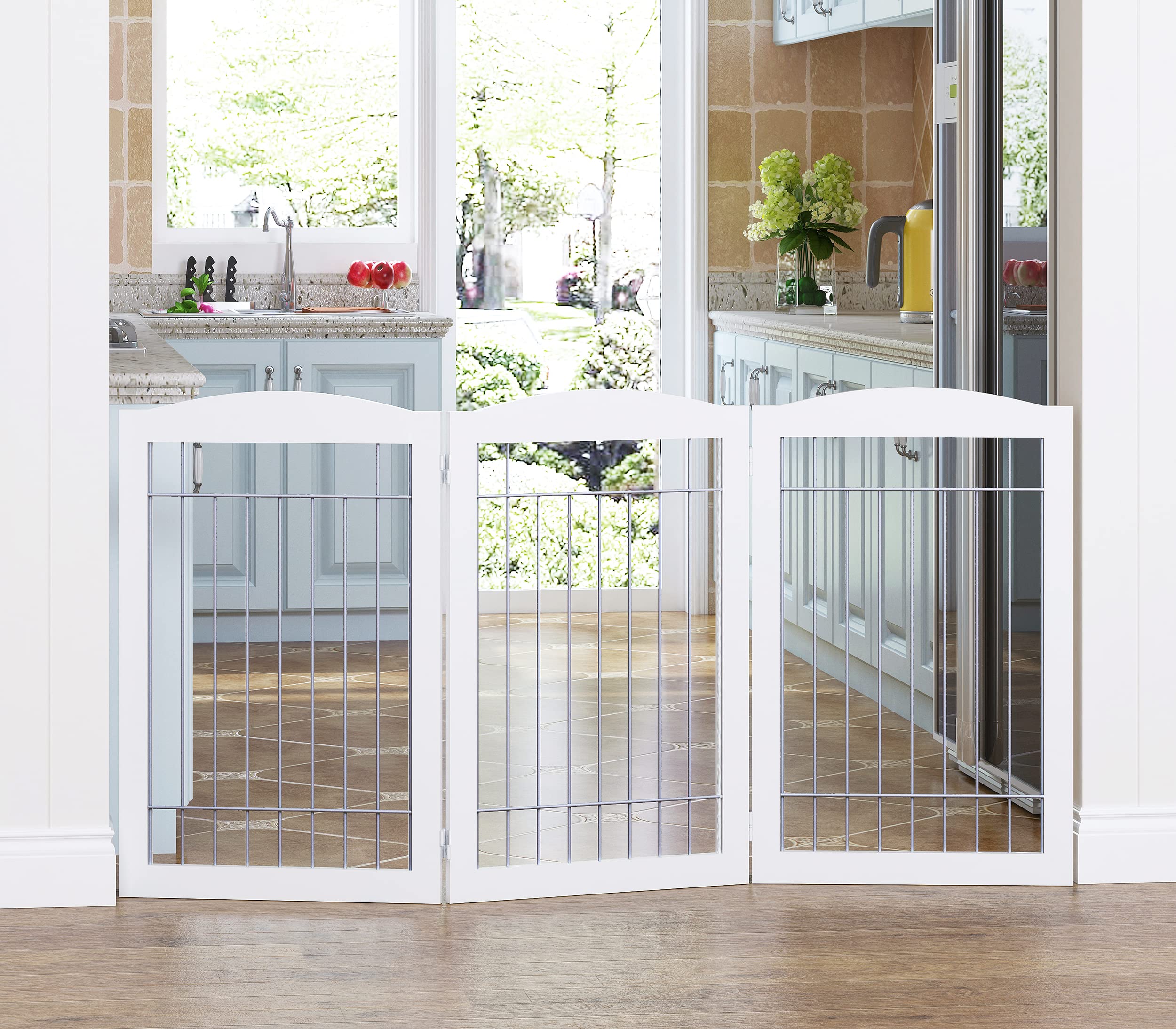 Spirich Freestanding Wire Pet Gate - 3 Panels, 60"W x 30"H, Sliver Wood, Extra Wide Dog Safety Gate for Doorways & Stairs