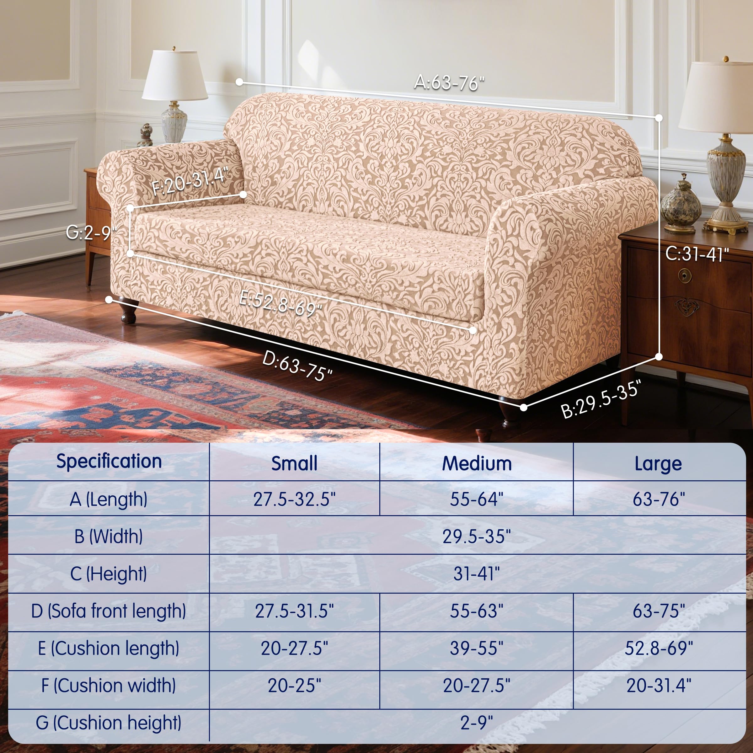 SUBRTEX 2 Piece Couch Covers, Jacquard Damask 3 Seater Sofa Cover with Seat Cushion, Stretch Sofa Slipcovers Non Slip Furniture