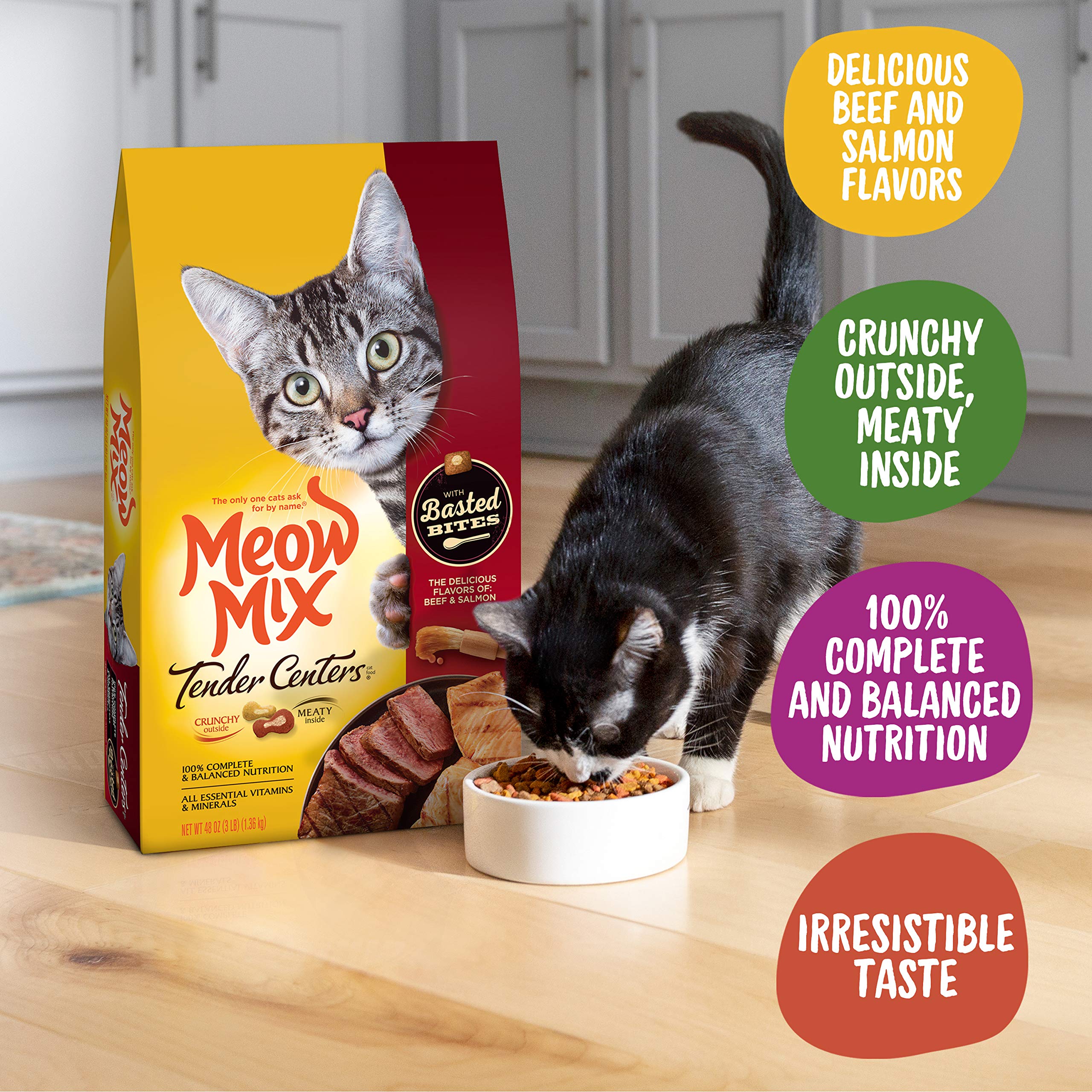 Meow Mix Tender Centers Basted Bites Dry Cat Food, Beef & Salmon Flavors, 13.5 Pound Bag
