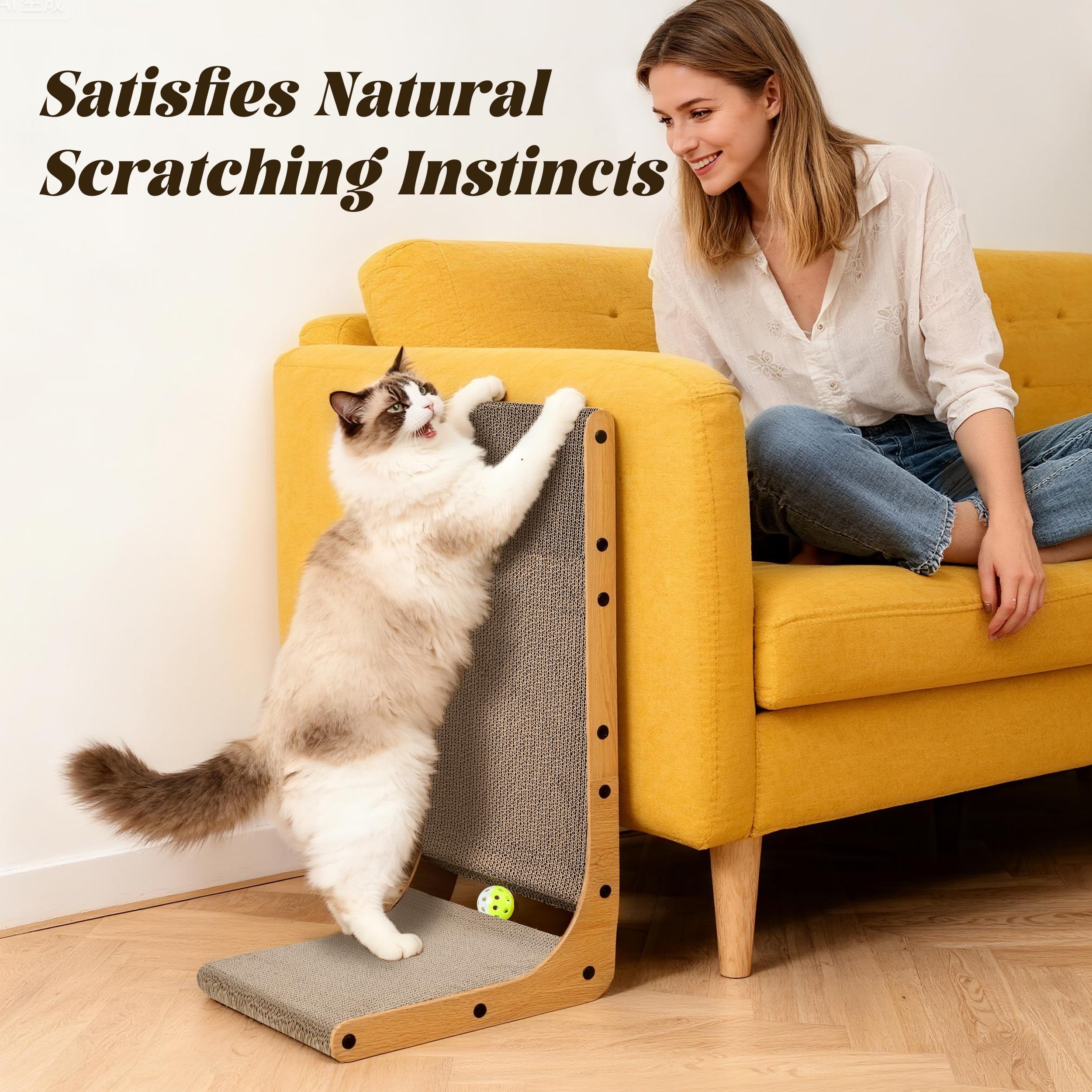 PatiencET L Shape Cat Scratcher, 26.8 Inch Cardboard Scratch Pad for Indoor Cats, Large Vertical Scratch Board, Furniture Protec