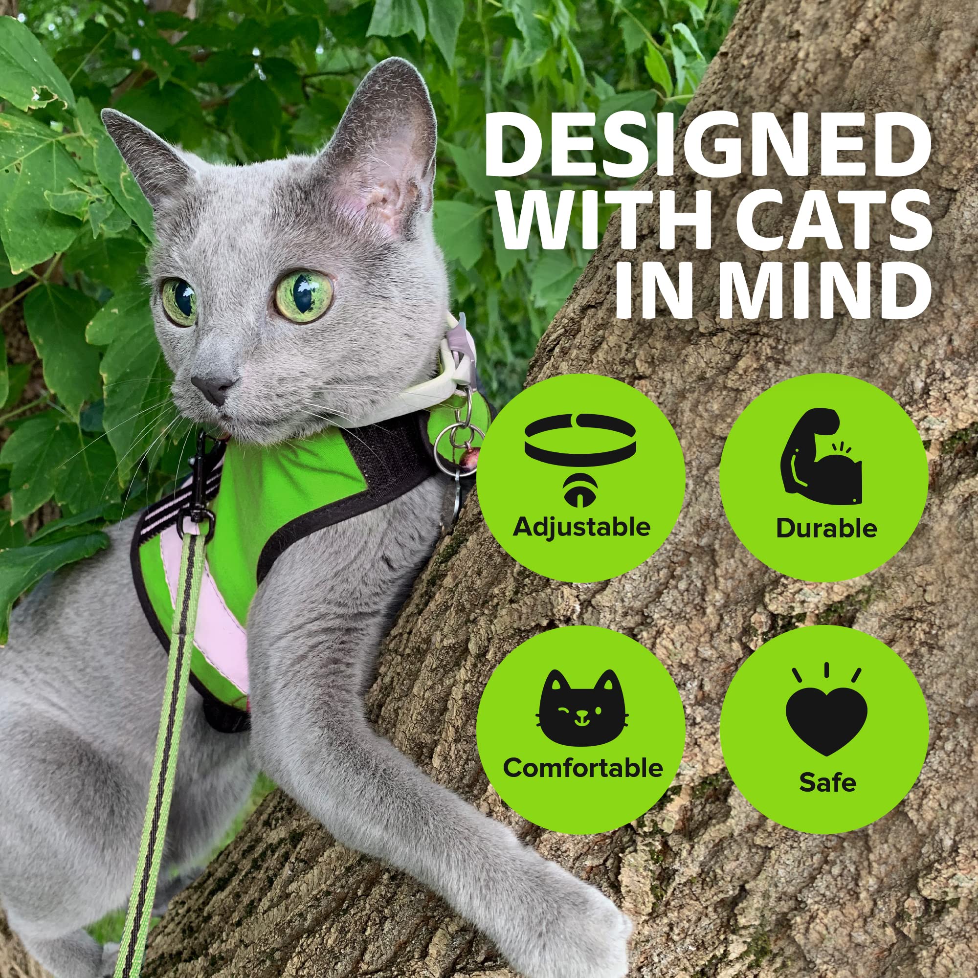 Kitty Holster Reflective Cat Harness - High-Visibility Cat Vest For Day & Night | Secure, Breathable And Washable Cotton | Ideal For Walking & Traveling - Loud Lime, Xs