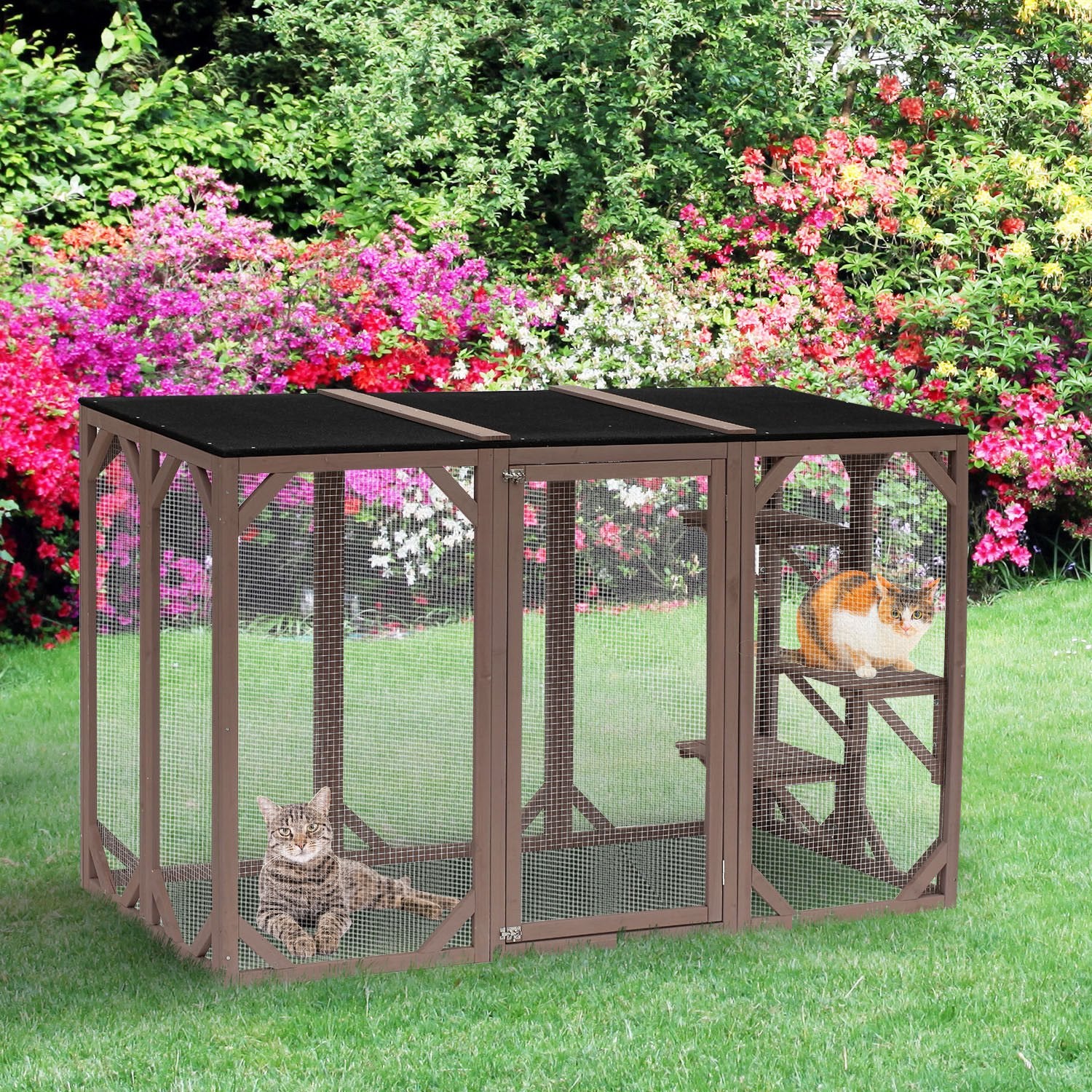 Pawhut Outdoor Cat House, Catio Wooden Feral Cat Shelter, Cat Cage With Platforms, Large Enter Door, Weather Protection Asphalt Roof, 71' L, Brown