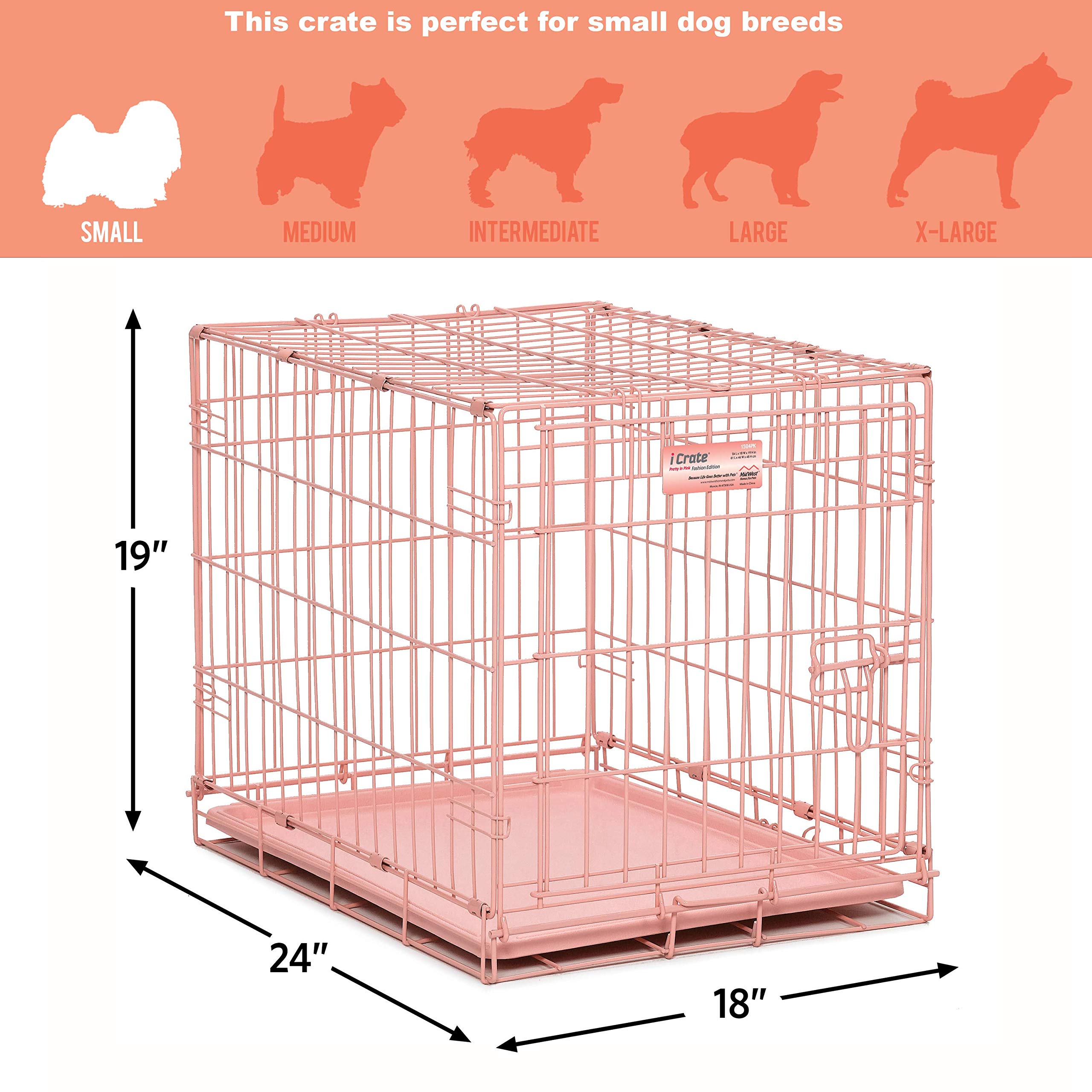 MidWest Homes for Pets iCrate 24" Pink Folding Metal Dog Crate with Divider, Roller Feet & Leak Proof Tray, Small Dog Breed