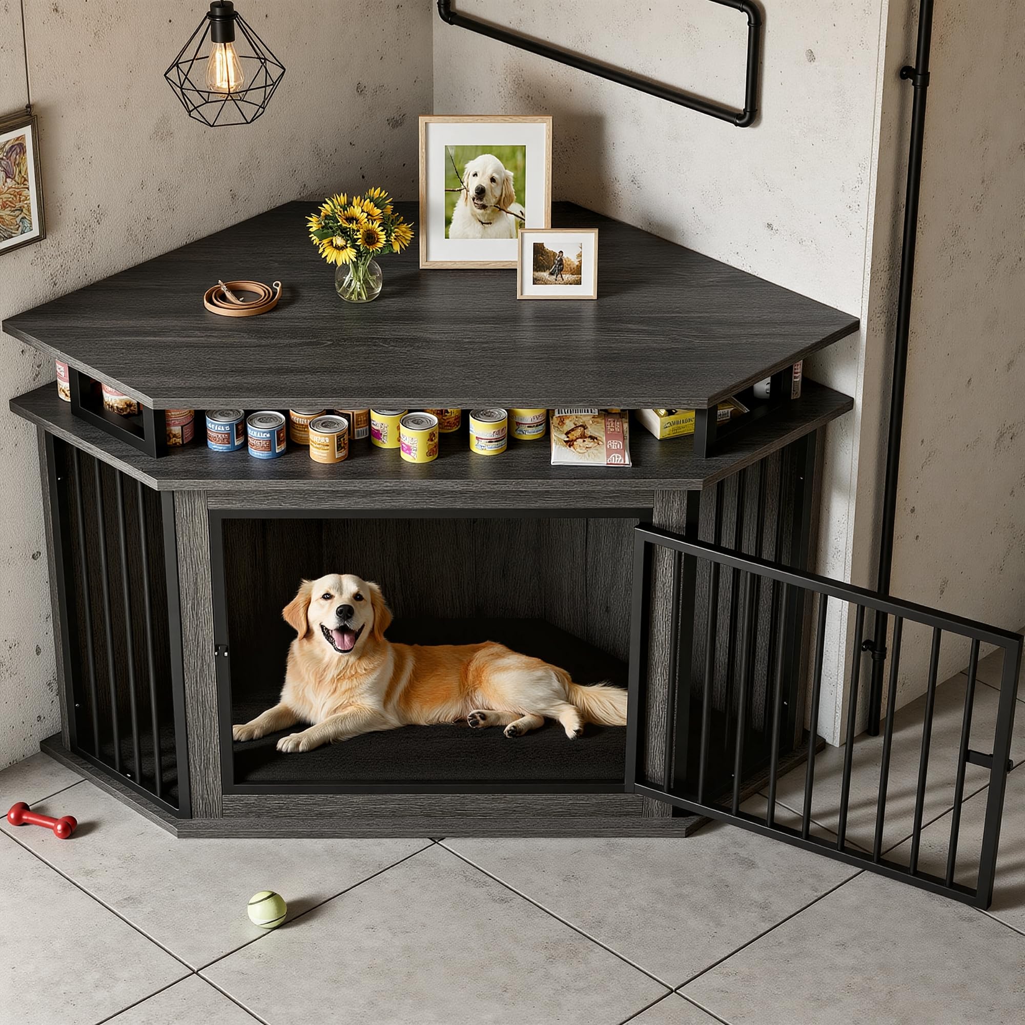 IRONCK 51" Corner Wooden Dog Crate, Rustic Brown Pet Kennel with 2-Tier Shelves for Large Dogs, Engineered Wood, Model QR-6599