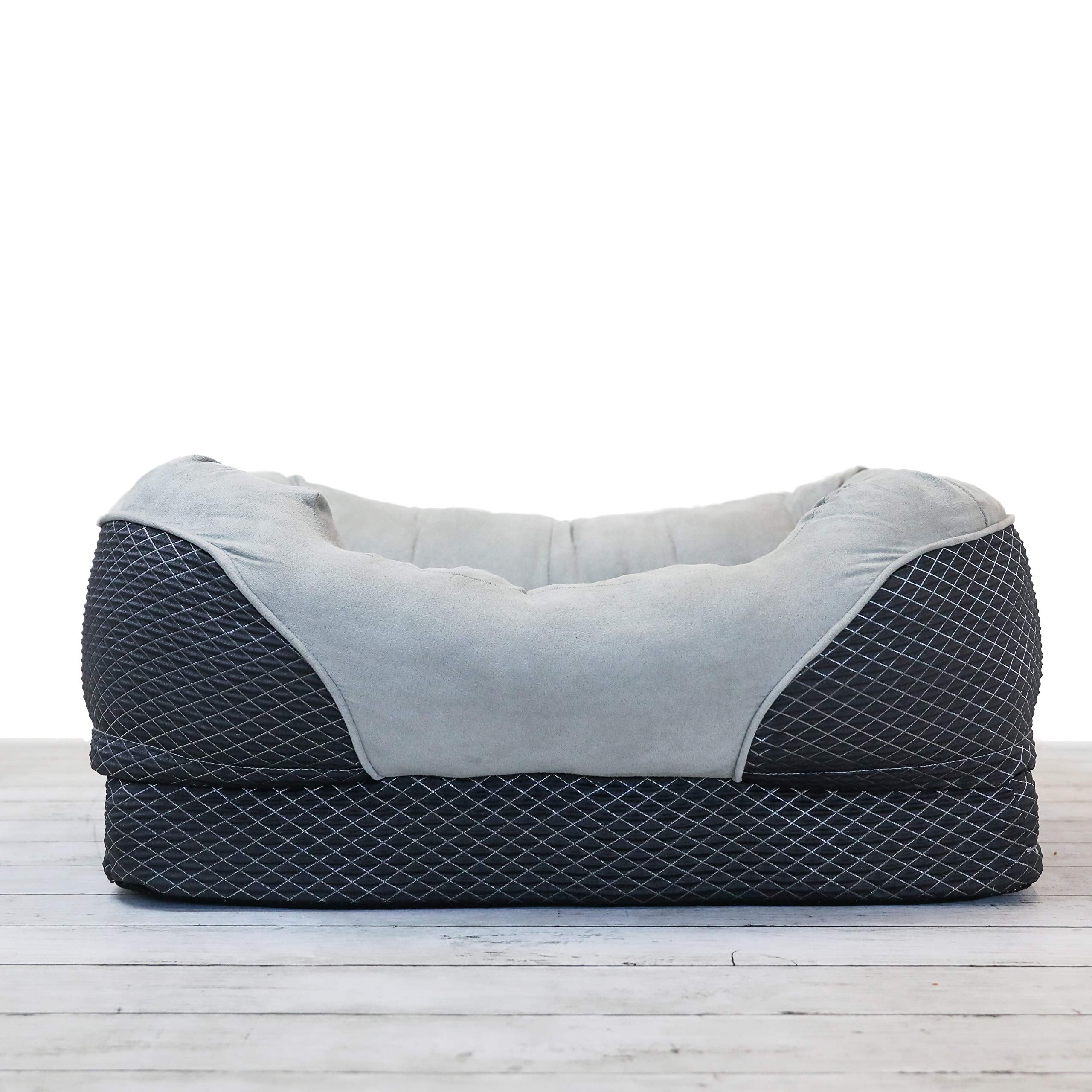 Barksbar Snuggly Sleeper Diamond Orthopedic Dog Bed Cat Bed With Foam Mattress, Plush Sleeping Space, And Soft Cotton Bolster Pillow, Small 26 X 20 Inches, Gray