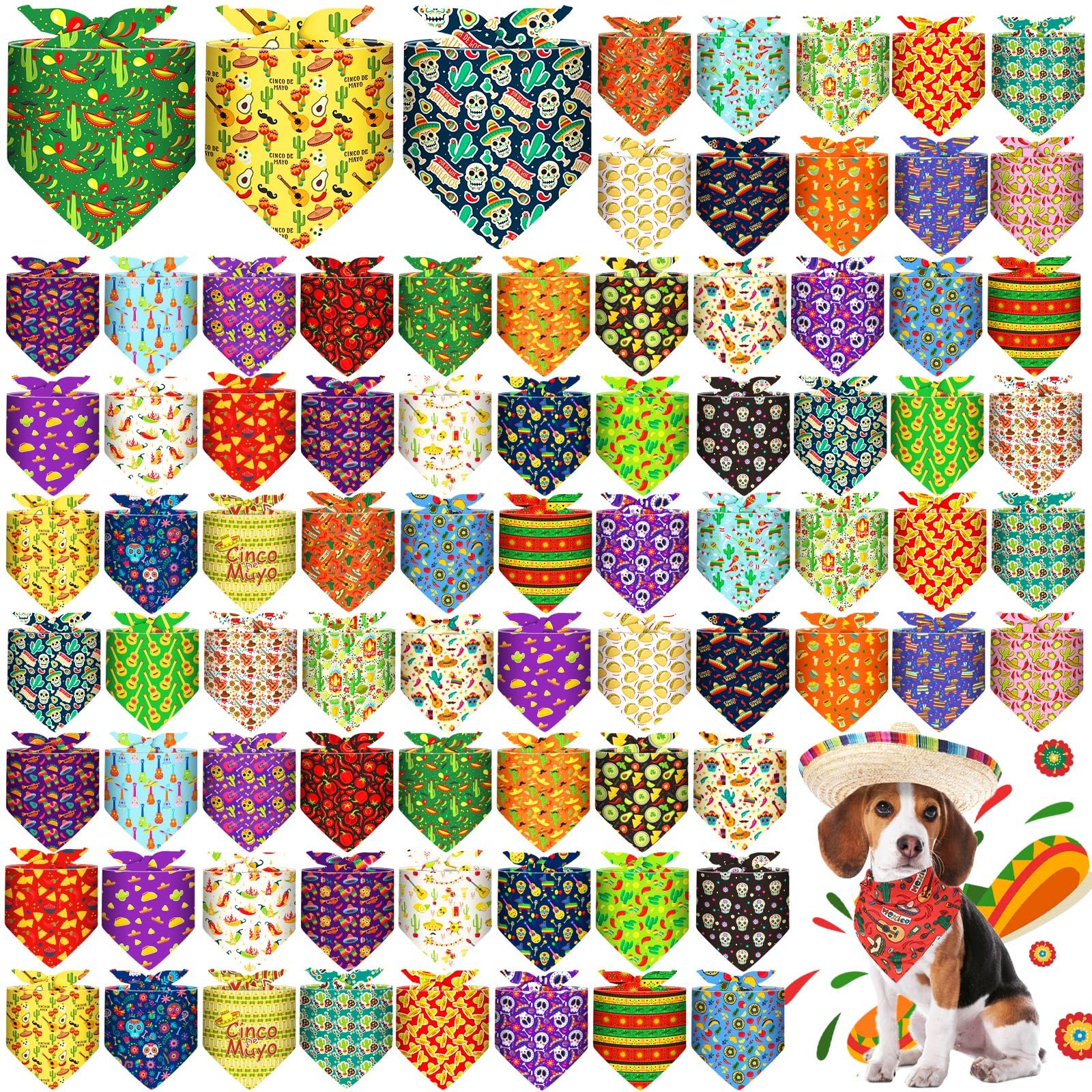 Bulyoou 72 Pcs Mexican Dog Bandanas Bulk Cinco De Mayo Bandanas for Dogs Adjustable Washable Pet Triangle Scarf Soft Kerchief Bi