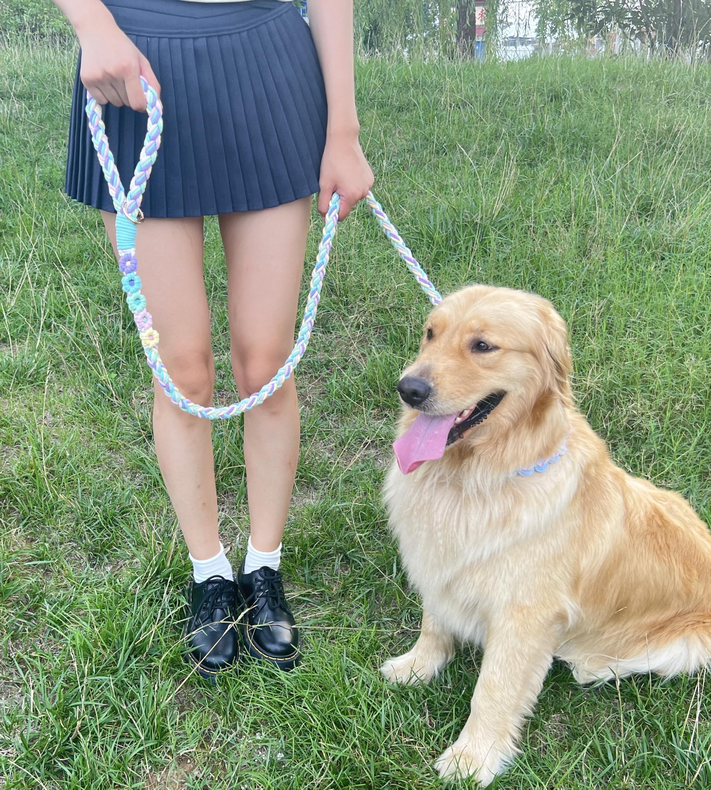 Handmade 5Ft Braided Cotton Dog Leash With Unique Floral Handle, Durable And Stylish, Ideal For Small To Large Dogs, Rainbow Col