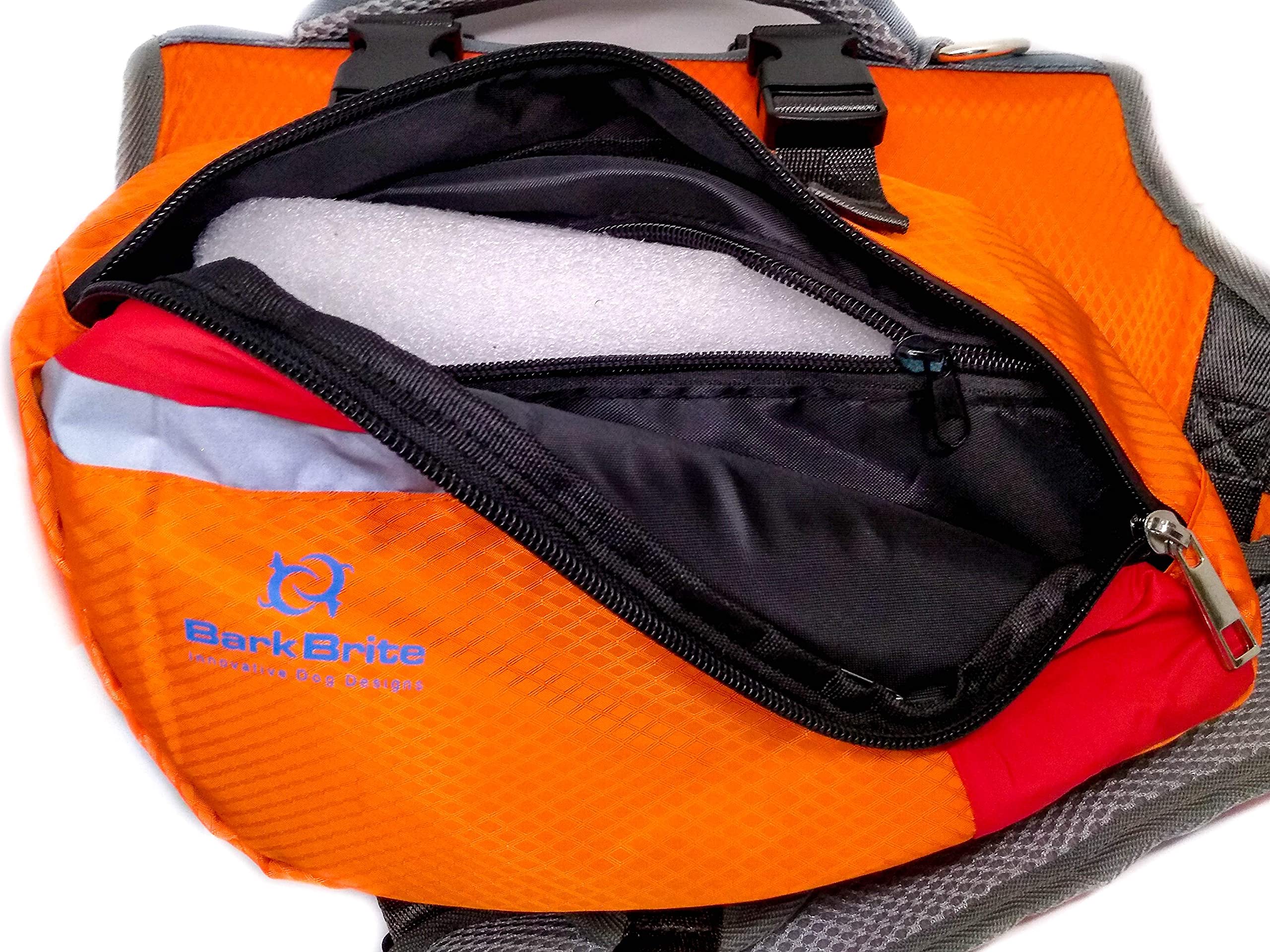 Bark Brite Multi-Purpose Dog Backpack Life Jacket - Medium, Orange/Red/Grey, Durable Material