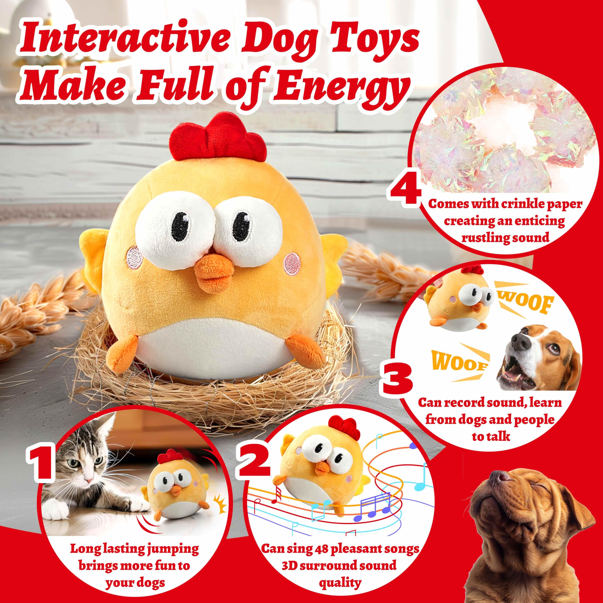 Gukco Interactive Dog Toys, Squeaky Moving Ball Toy With Jumping & Music Modes, Rechargeable Plush Chew Toys For Small/Medium/La