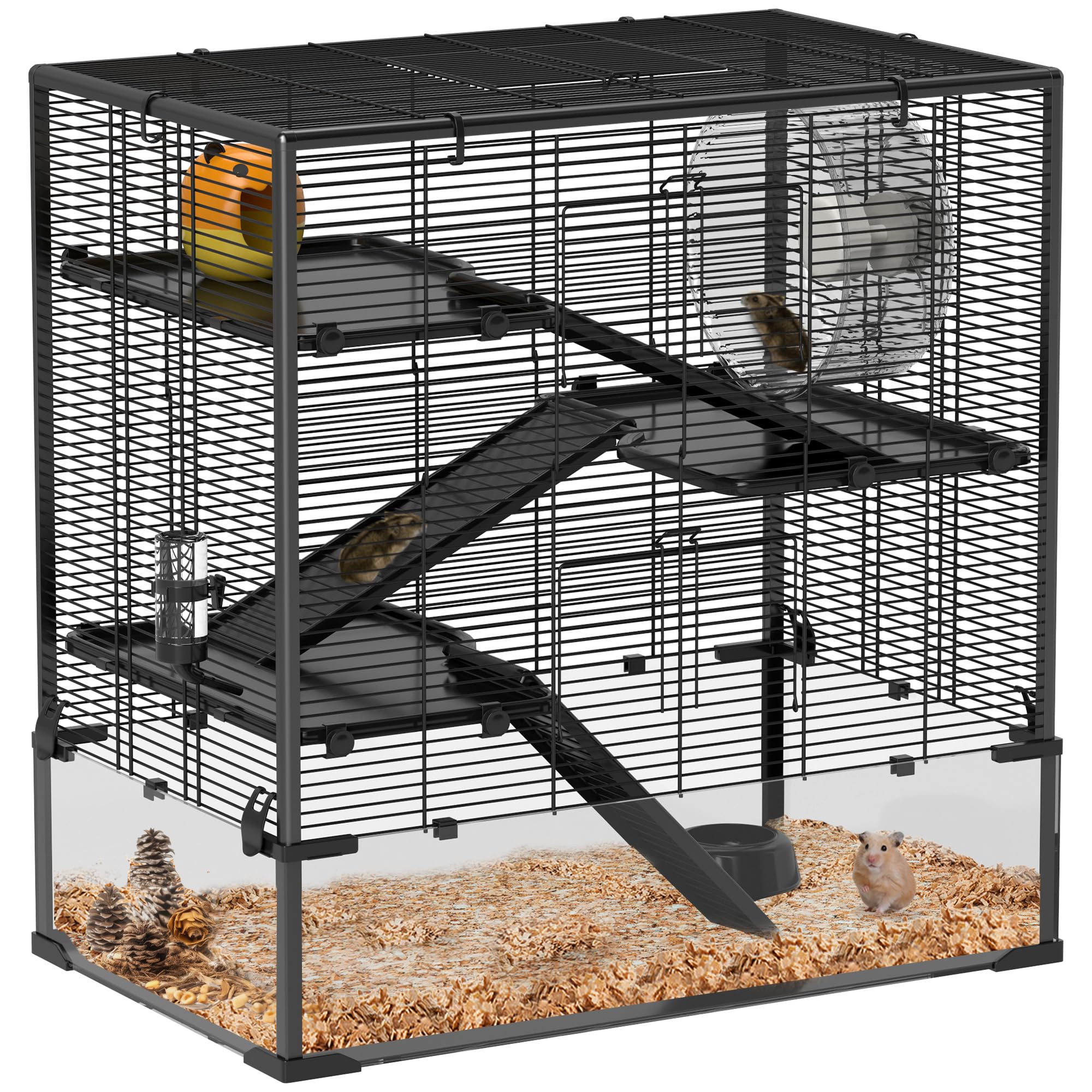 PawHut Large Hamster Cage with Deep Tempered Glass Bottom, 4 Tiers Hamster Tank with Running Wheel, Hut, Water Bottle, Dish, Rat