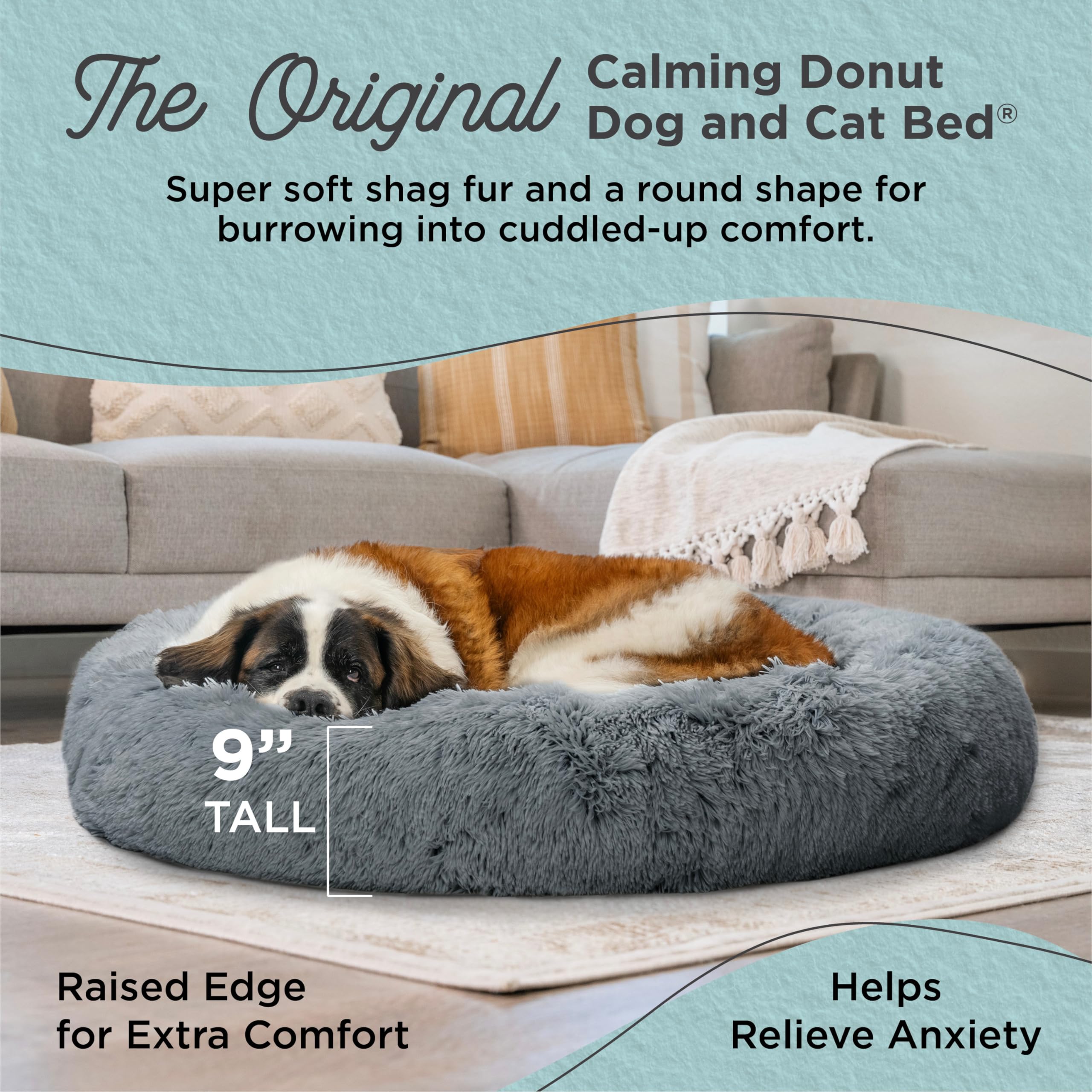 Best Friends By Sheri The Original Calming Donut Dog And Cat Bed In Shag Fur, Gray, Extra Large, 45X45