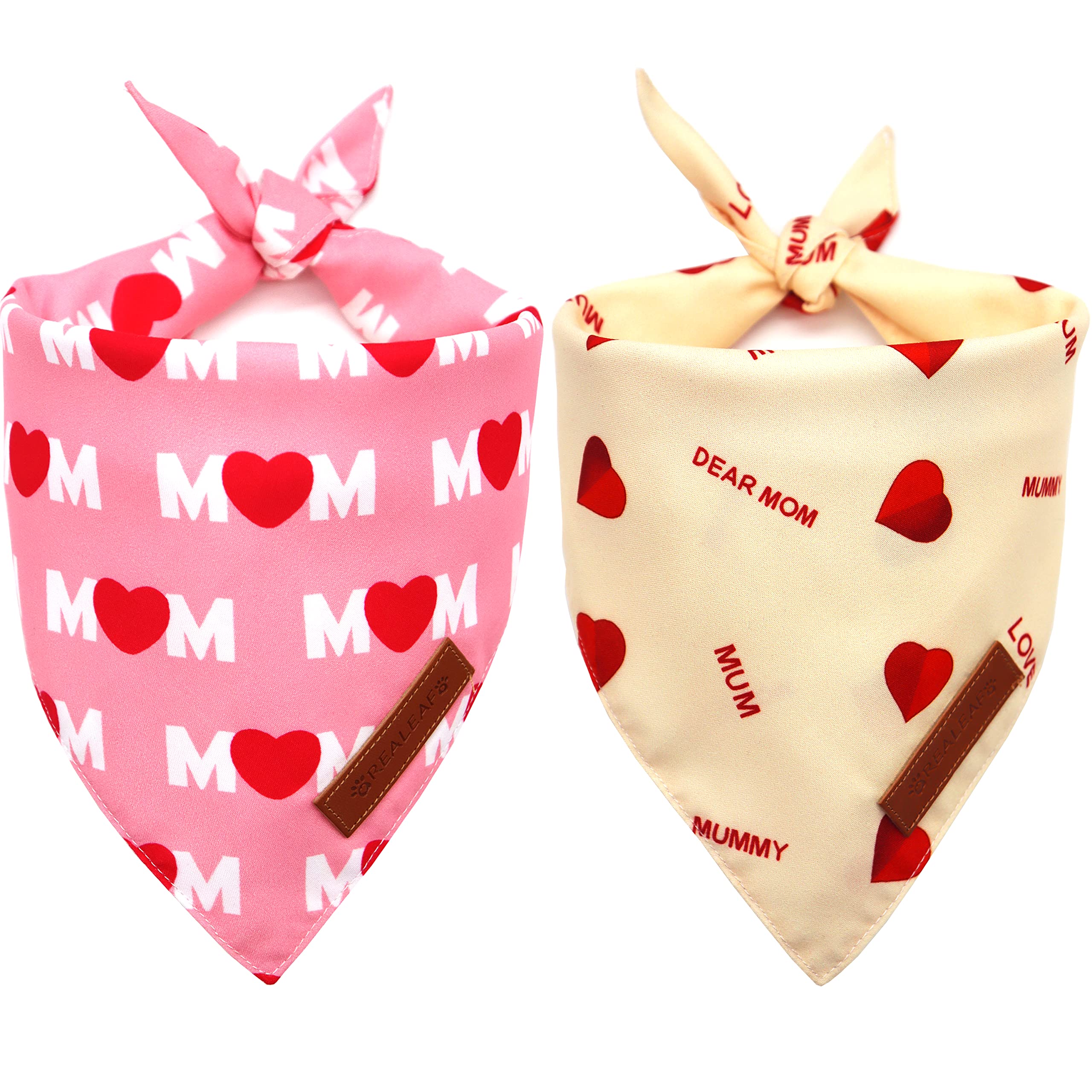 Realeaf Mothers Day Dog Bandanas 2 Pack, Reversible I Love My Mom Pet Scarf For Boy And Girl, Premium Durable Fabric, Valentines Day Bandana For Small Medium Large And Extra Large Dogs (Small)