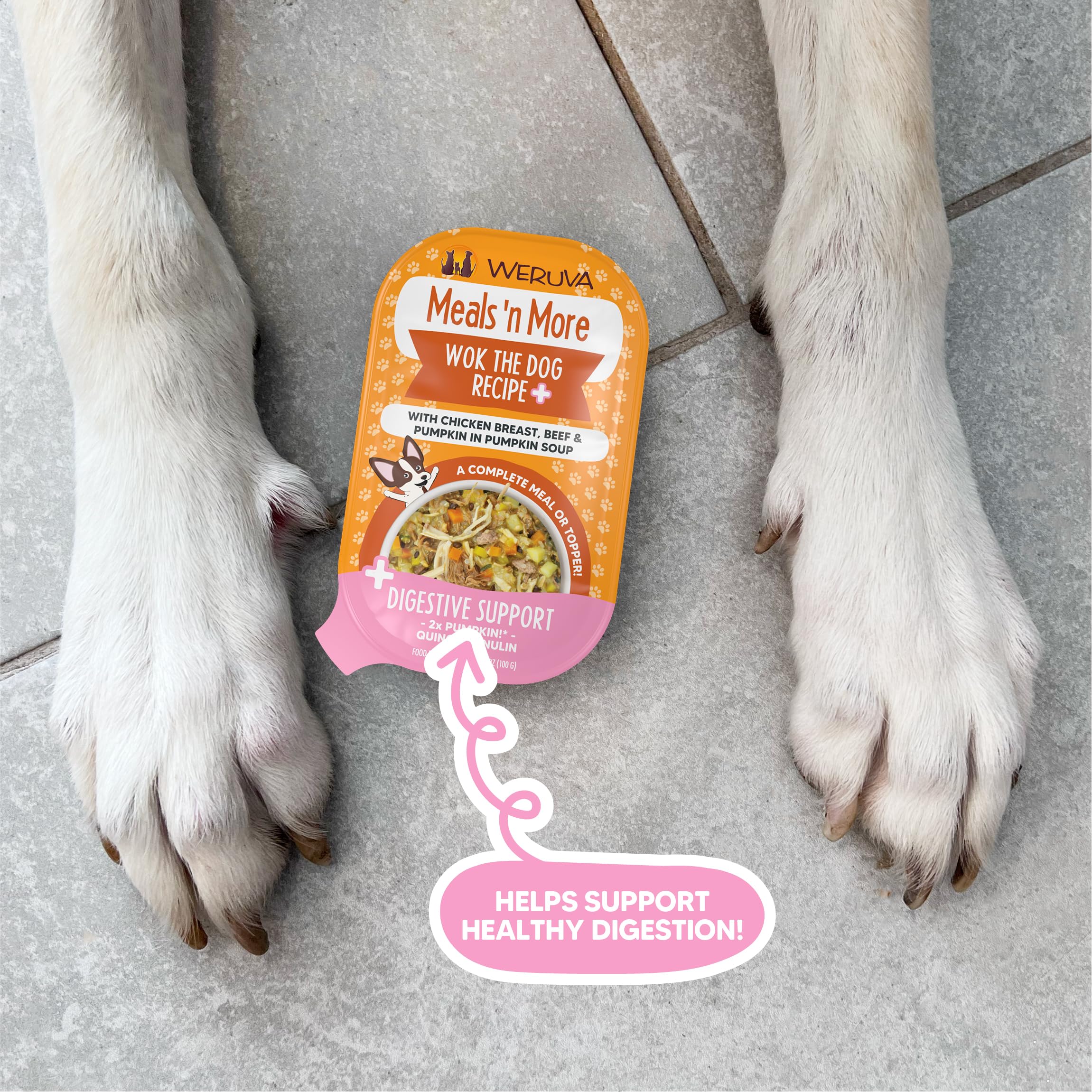 Weruva Meals n More Natural Wet Dog Food, Wok The Dog Plus Digestive Support, 3.5oz Cup (Pack of 12)