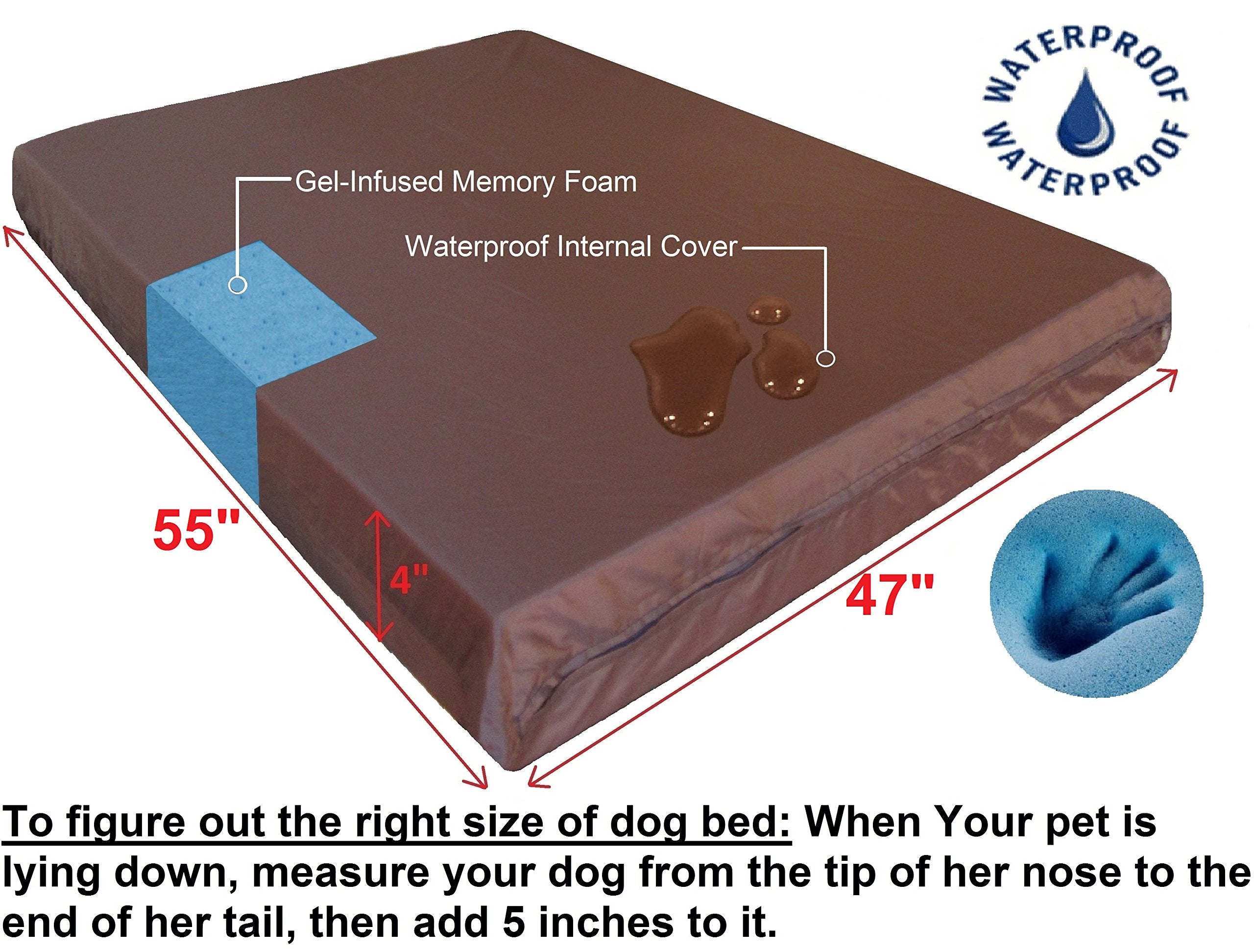 Dogbed4Less Waterproof Orthopedic Cooling Memory Dog Bed For Large And Extra Large Dogs, Suede Espresso Color, Jumbo 55X47X4 Inches