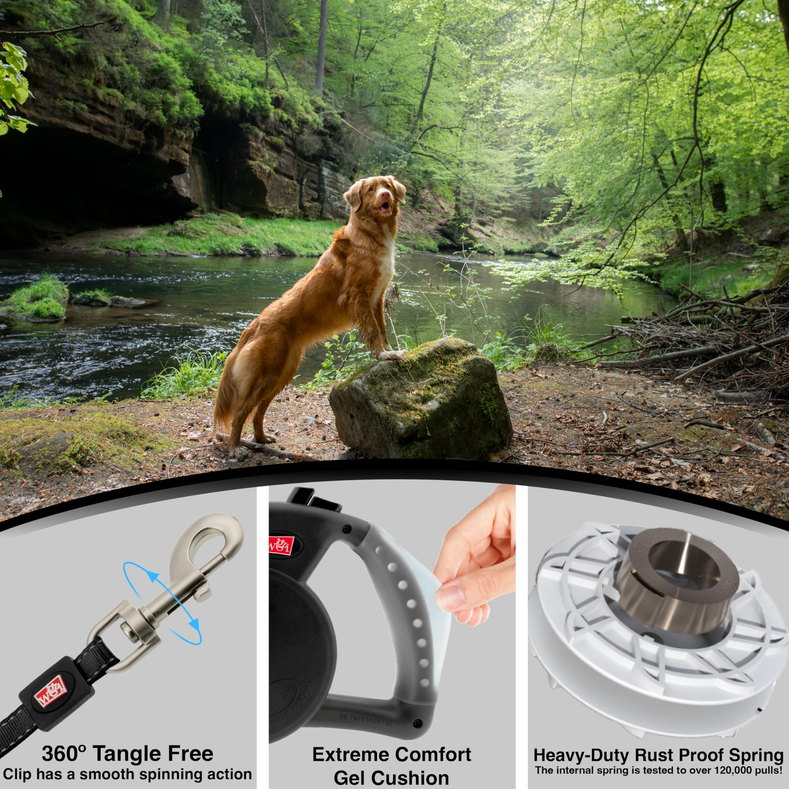 WIGZI Retractable Dog Leash, Medium Black - Durable Liquid Filled Gel Handle, Reflective Tape, Rust Proof, EZ Lock, Enhanced Retraction Technology