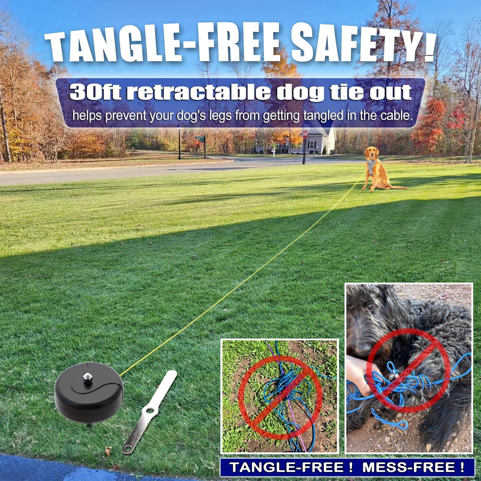 Pestairs 30ft Dog Tie Out Cable and Stake, 360No Tangle Heavy Spiral Dog Steel Anchor and Retractable Leash for Small to Large D