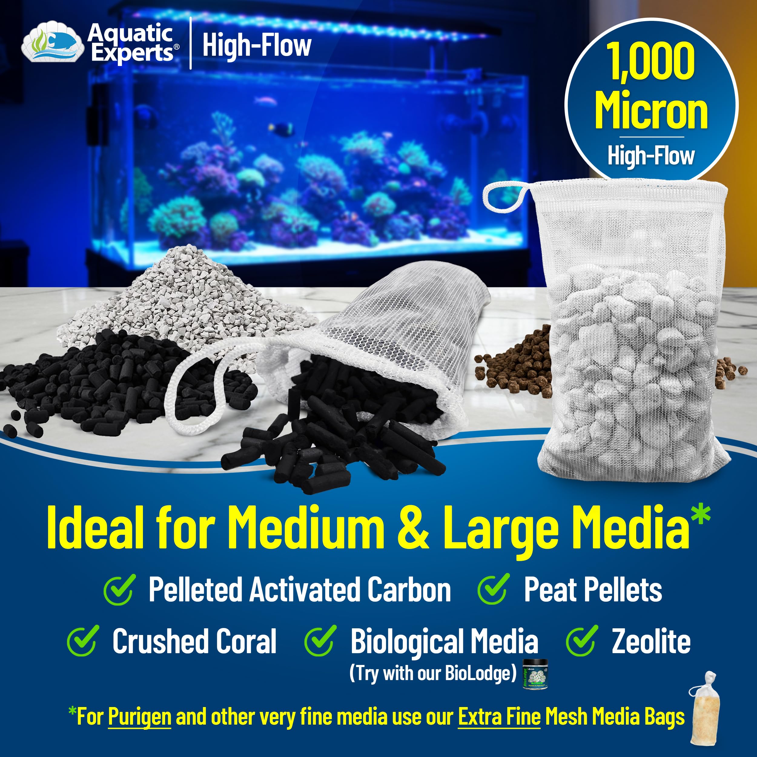 Aquatic Experts High Flow Filter Media Bag - Durable Filter Bags For Fish Tank, Secure Aquarium Media Bag With Drawstring, Media