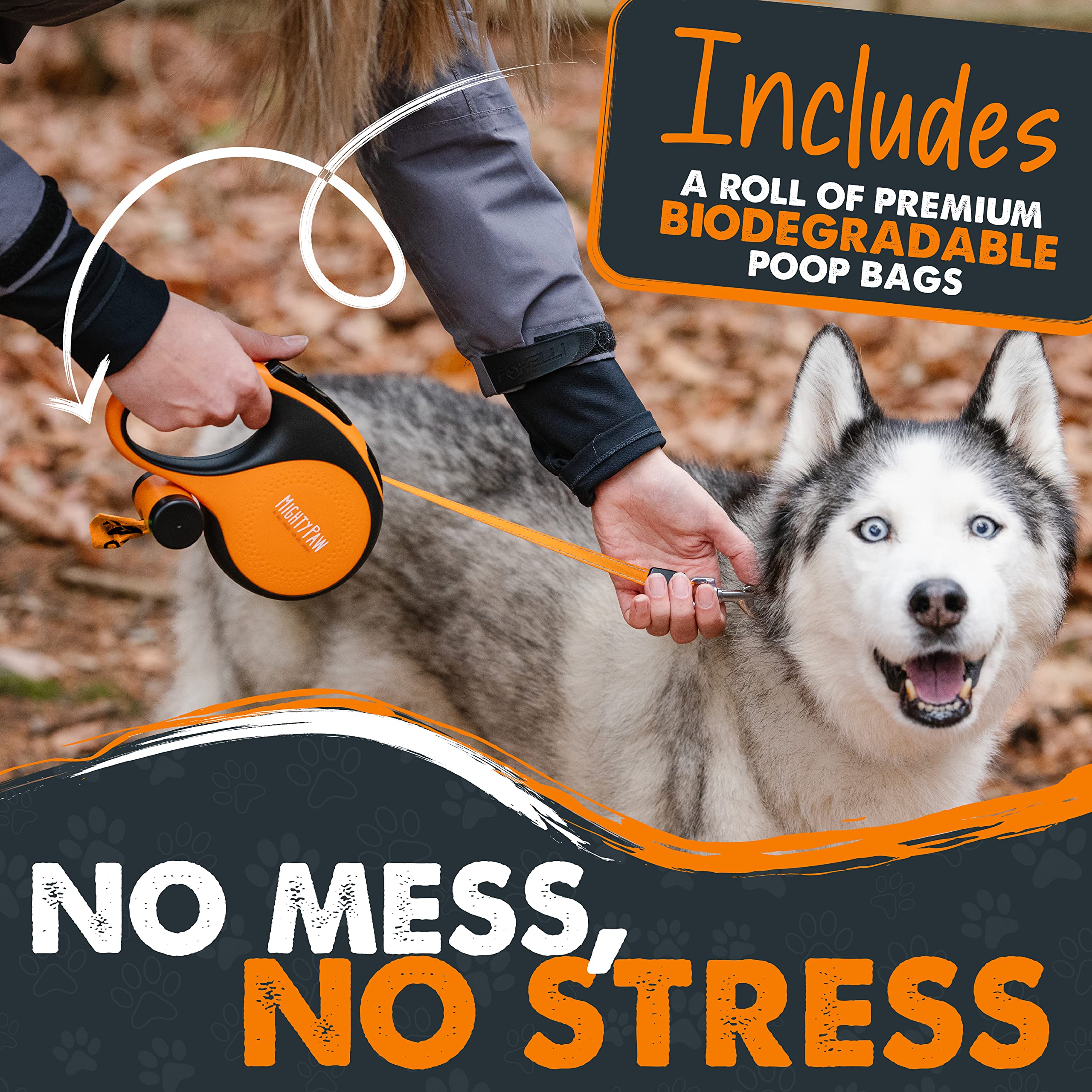Mighty Paw Retractable Dog Leash with Poop Bag Holder, 16' for 0-50 lbs, Deluxe Orange, Stainless Steel