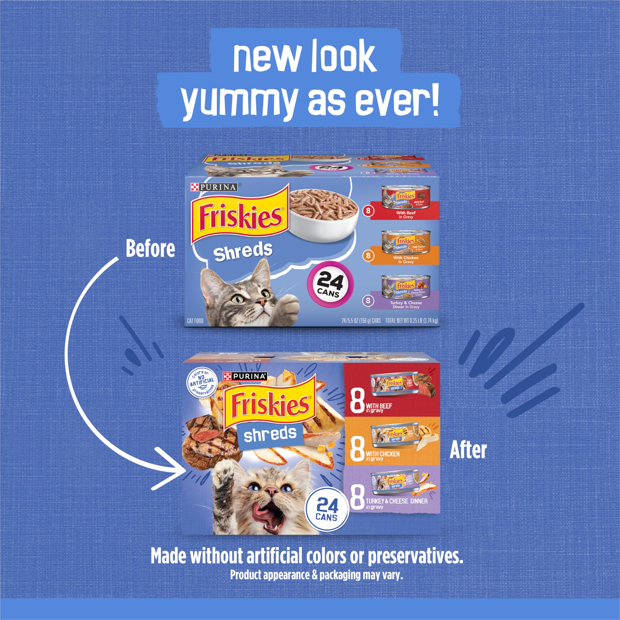 Purina Friskies Gravy Wet Cat Food Variety Pack, Shreds With Beef, With Chicken, and Turkey and Cheese Dinner - (Pack of 24) 5.5
