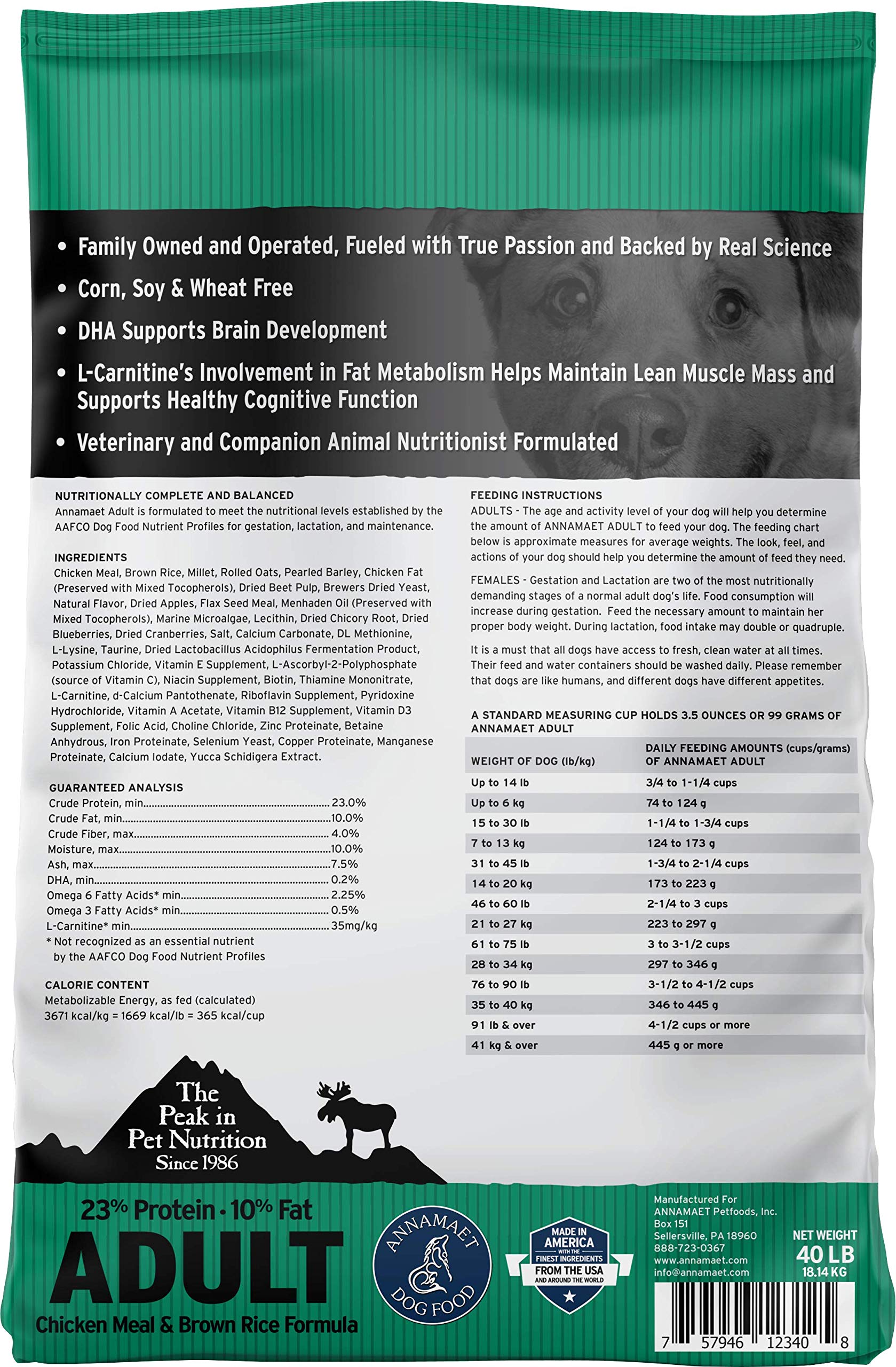 Annamaet Original Adult Formula Dry Dog Food, 23% Protein (Chicken & Brown Rice), 40-lb bag