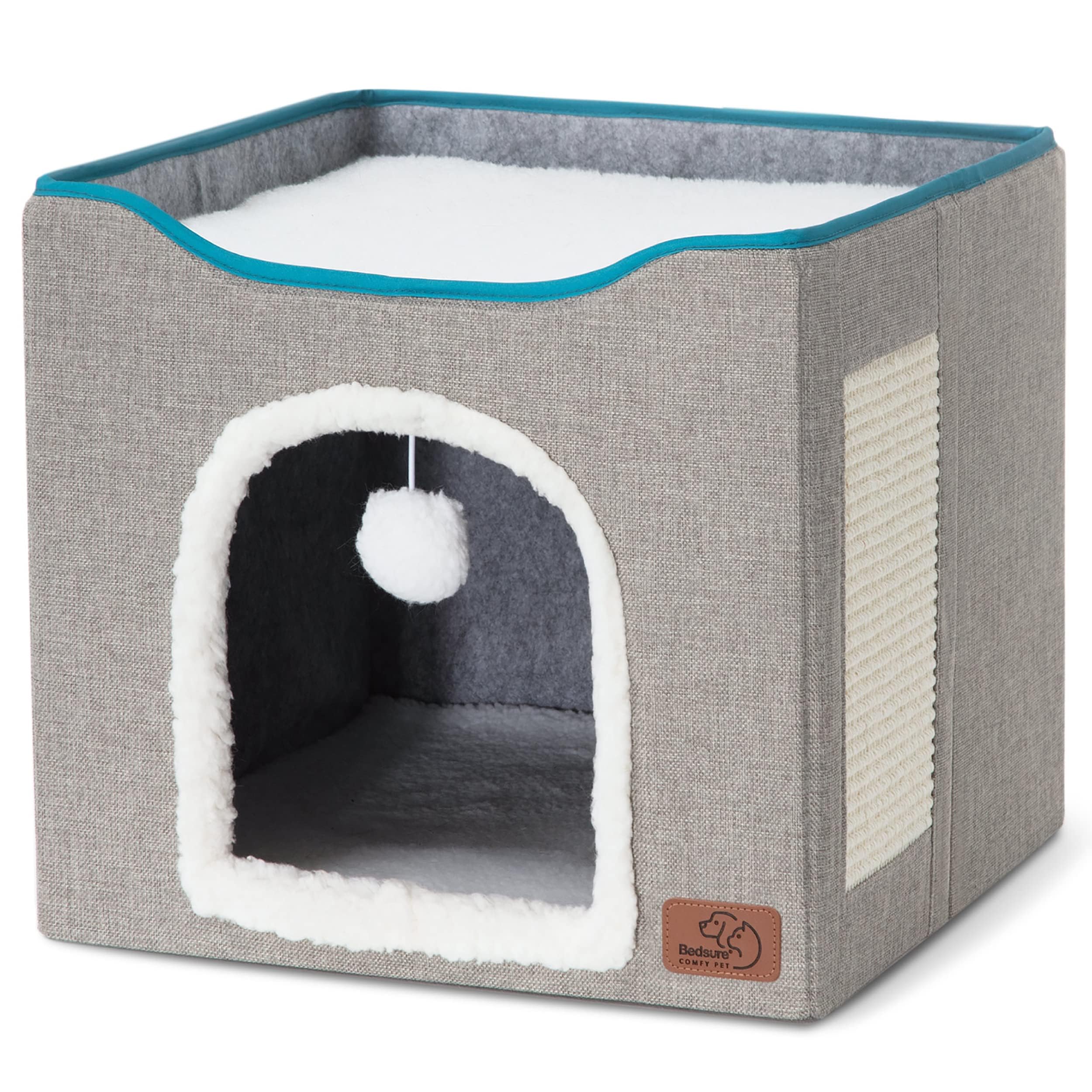 Bedsure Cat Beds For Indoor Cats - Large Cat Cave For Pet Cat House With Fluffy Ball Hanging And Scratch Pad, Foldable Cat Hidea