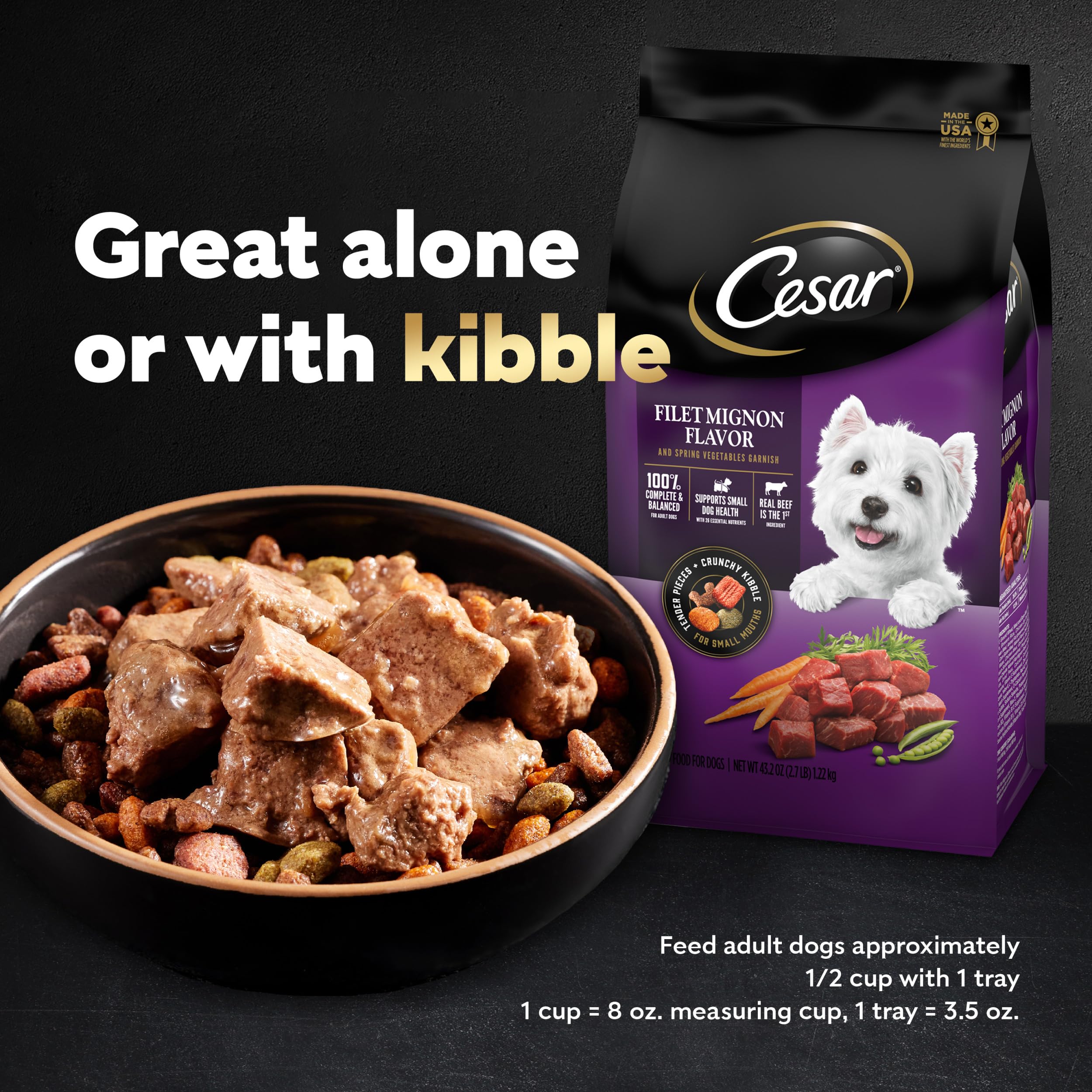 Cesar Wet Dog Food Loaf & Topper in Sauce Angus Beef Flavor with Bacon & Cheese, 3.5 oz. Easy Peel Trays (24 Count, Pack of 1)
