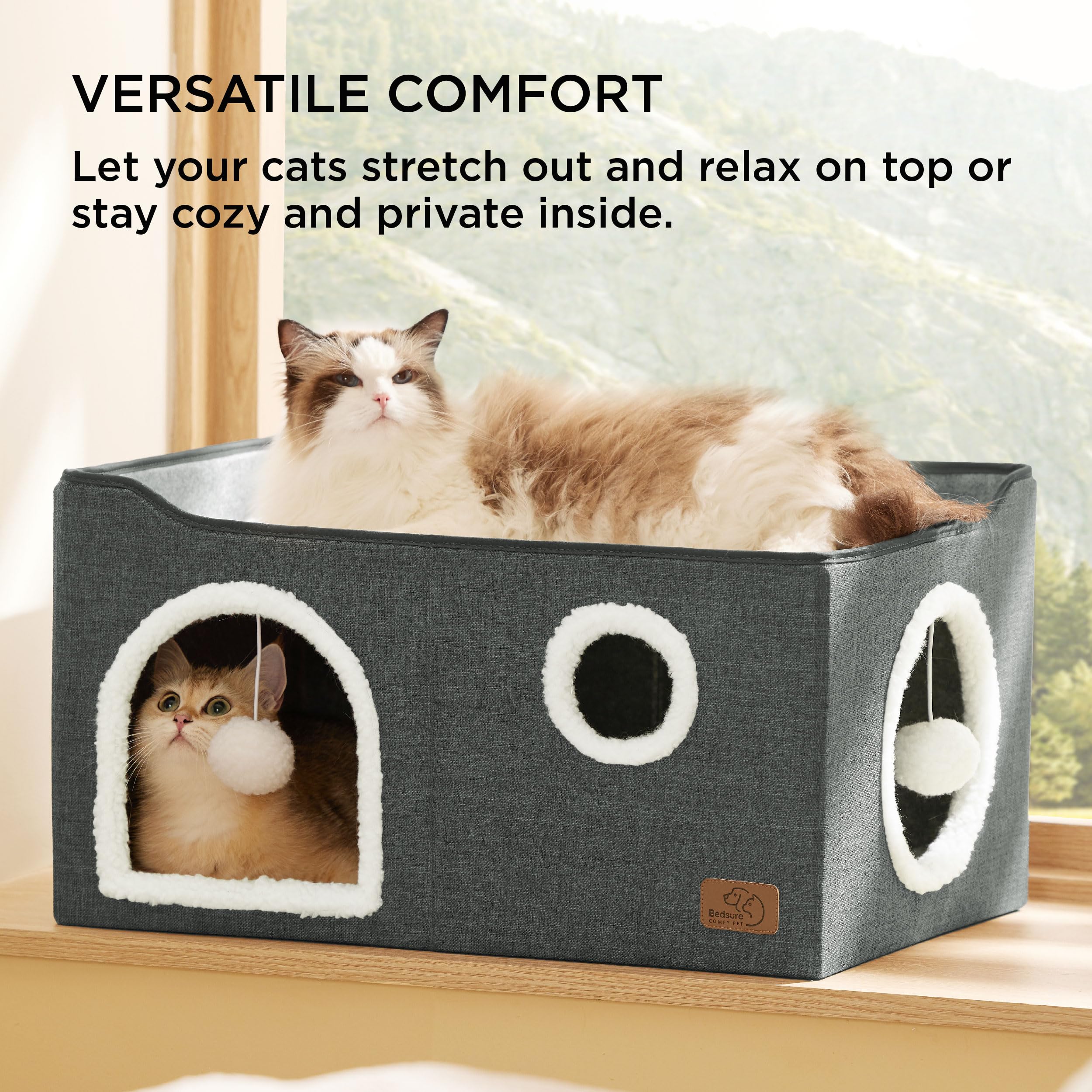 Bedsure Extra-Wide Cat House For Indoor Cats - Large Cat Cave For Pet Cat House With Fluffy Ball Hanging And Scratch Pad, Foldable Cat Hideaway For Multi Cats, 23.6X16.9X13 Inches, Dark Grey