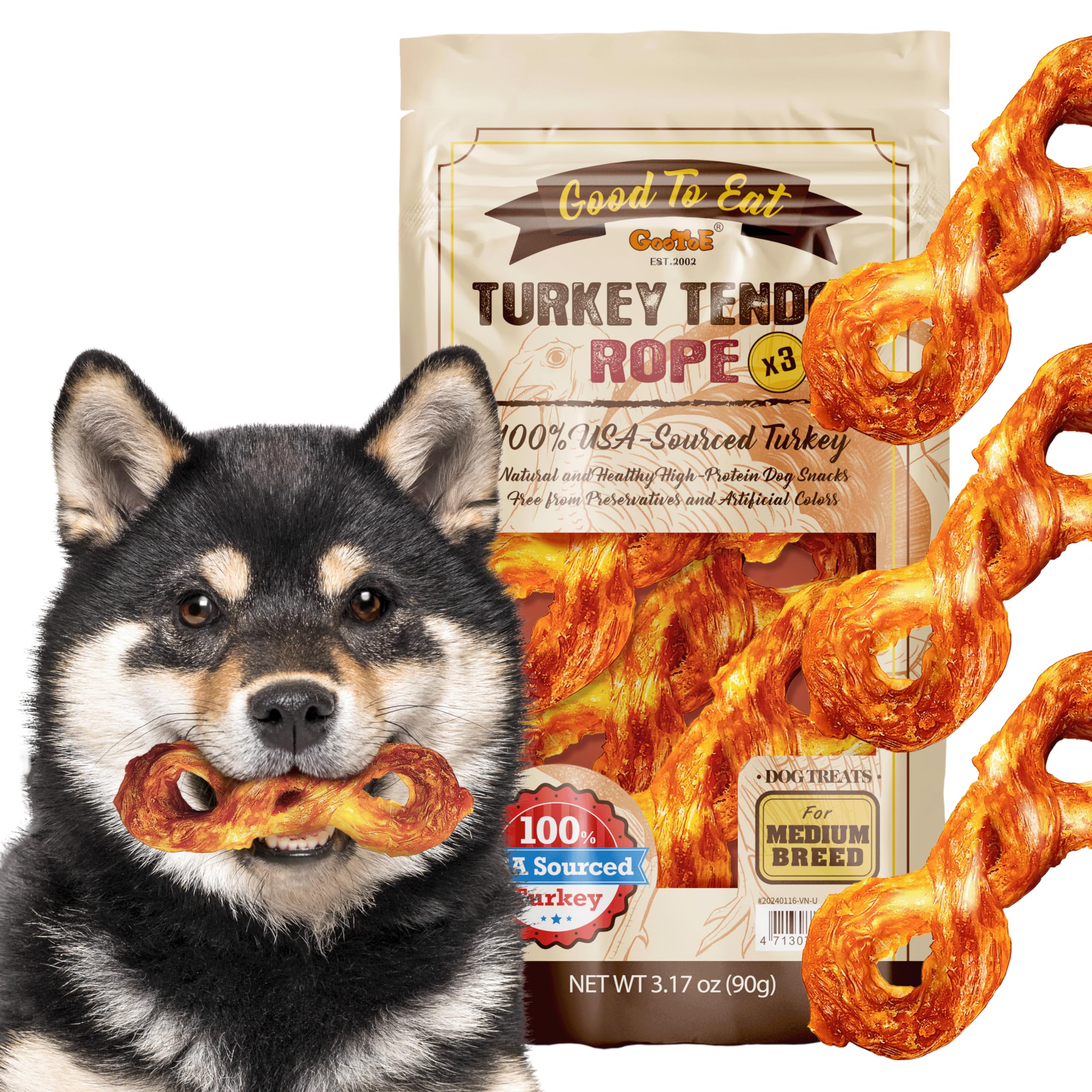 Gootoe Turkey Tendon Dog Treats - 100% USA-Sourced, Natural Snack, Premium Training Chews, Hypoallergenic, Reseal Value Bags, Si