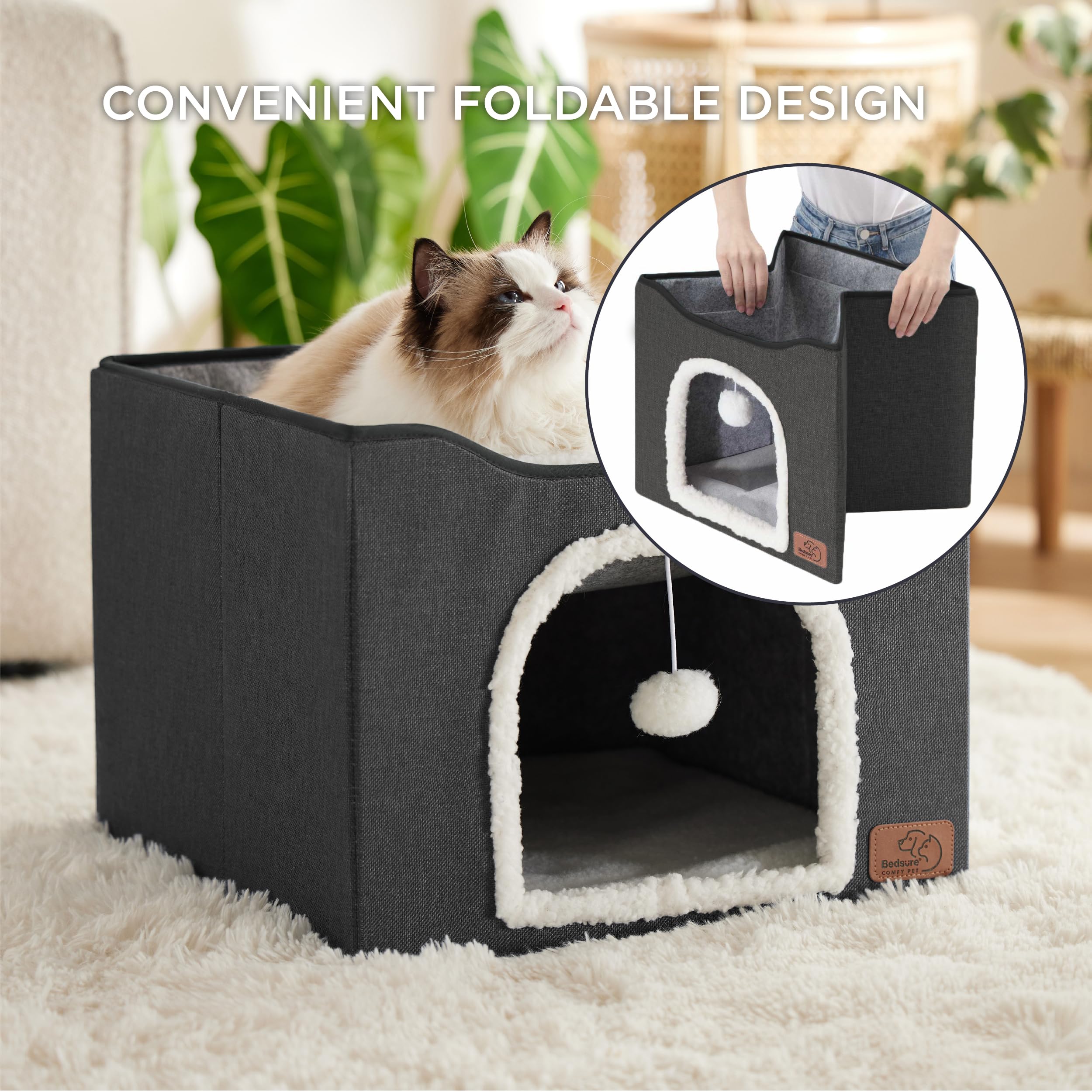 Bedsure Cat Beds For Indoor Cats - Large Cat Cave For Pet Cat House With Fluffy Ball Hanging And Scratch Pad, Foldable Cat Hideaway,16.5X16.5X13 Inches, Dark Grey