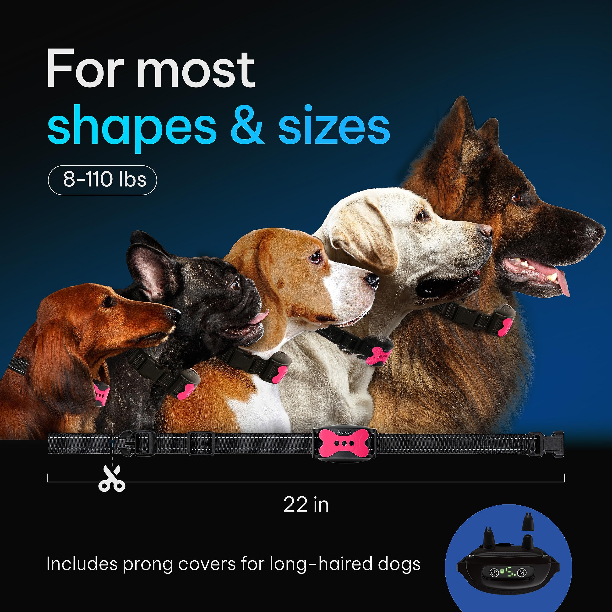 Dogrook Rechargeable Dog Bark Collar - No Shock Dog Training Smart Collar - Beep & Vibration Stop Barking Dog Devices - No Bark Collar - Anti Bark Collar For Large Dog, Medium & Small - 12-110 Lbs