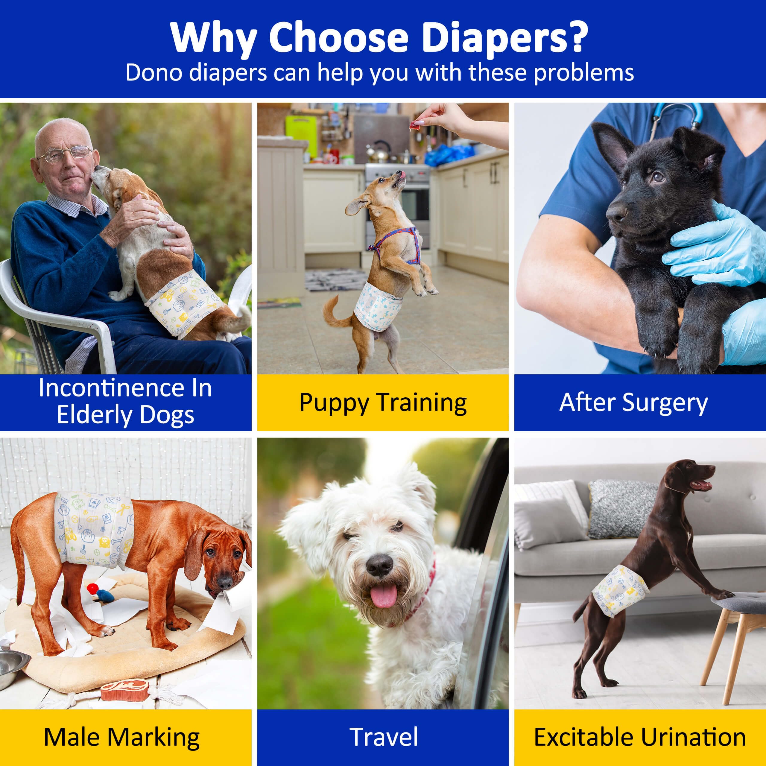 Dono Disposable Male Dog Diapers, Super Absorbent Wraps, M(18-25in), Blue Bone, Model DMD-2, 48 Pack, 360° Leak-Proof