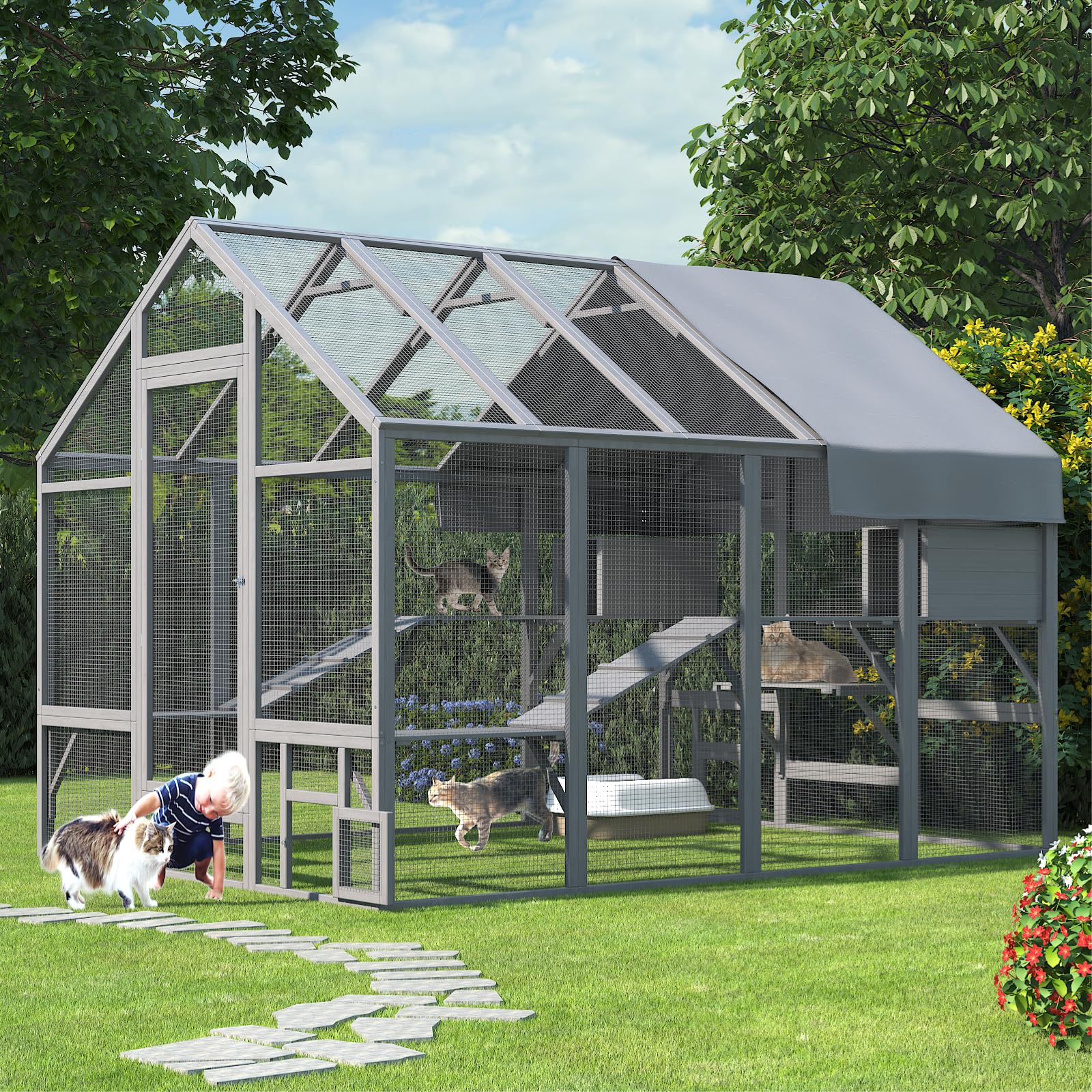Timhaka Catio Outdoor Cat Enclosure, Large Cat Catio For Multiple Cats With 7 Platforms, 2 Resting Box And 2 Bridges, Wooden Cat