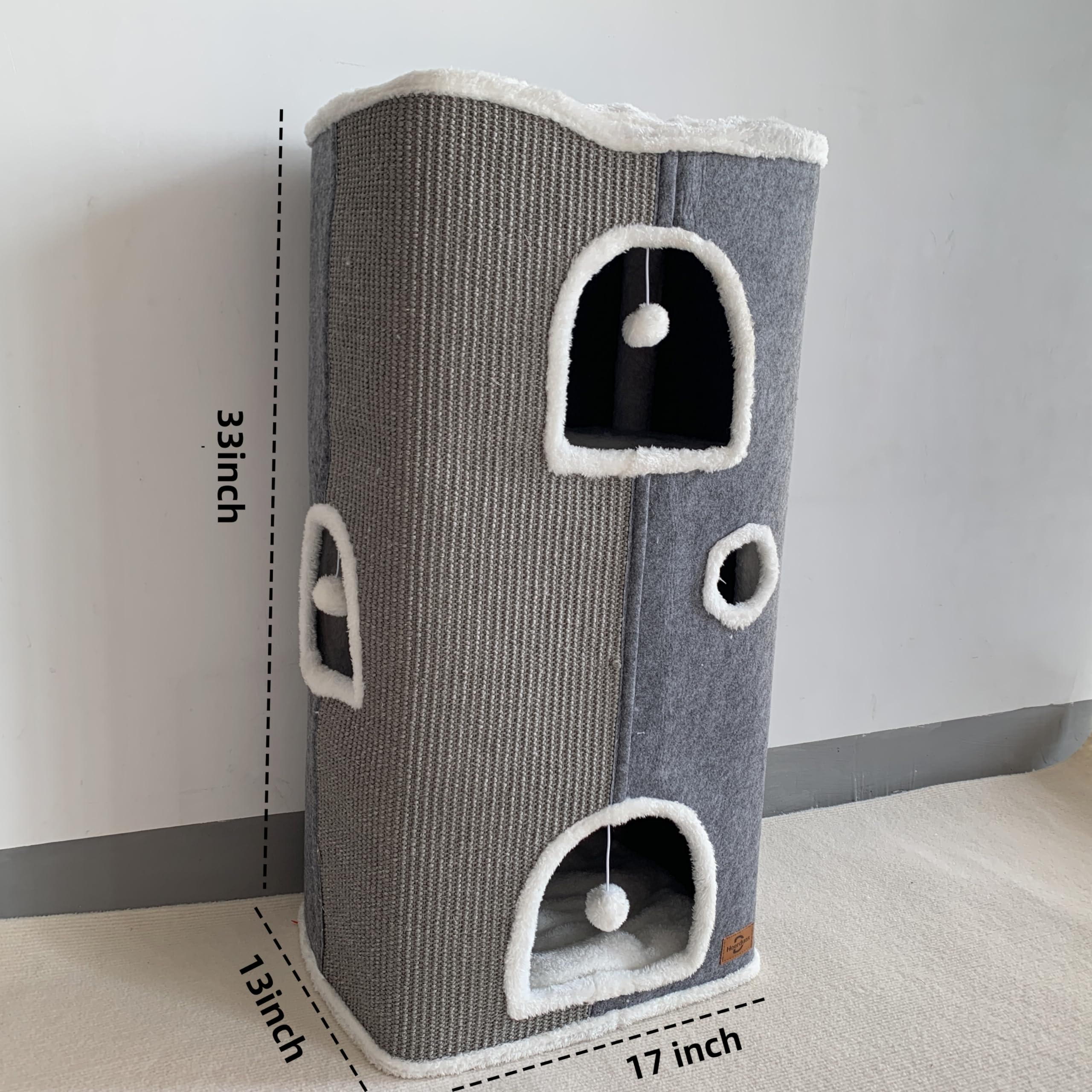 Heerduos 4-Level Cat House - Gray Covered Cat Bed with Scratch Pad & Cushions, Modern Condo for Small and Large Cats (17"x13"x33")