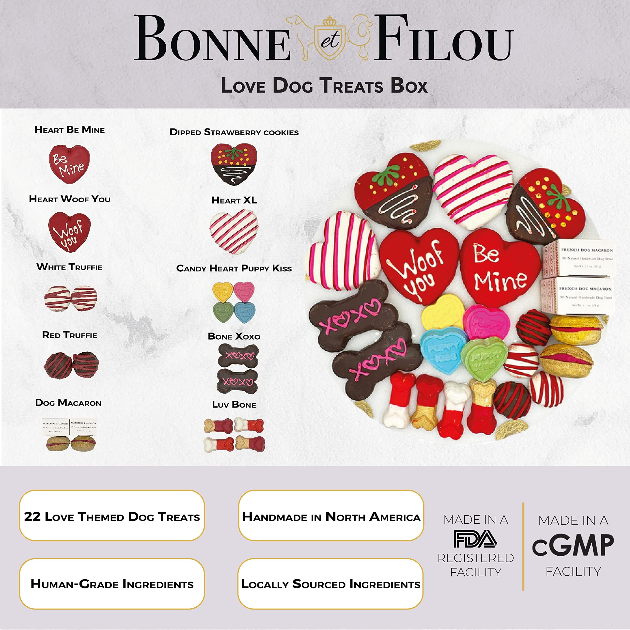 Bonne et Filou Love Dog Treats Gift Box, 22 Luxury Macarons, Truffles & Bone Cookies, Healthy & Delicious Snacks for Medium to L