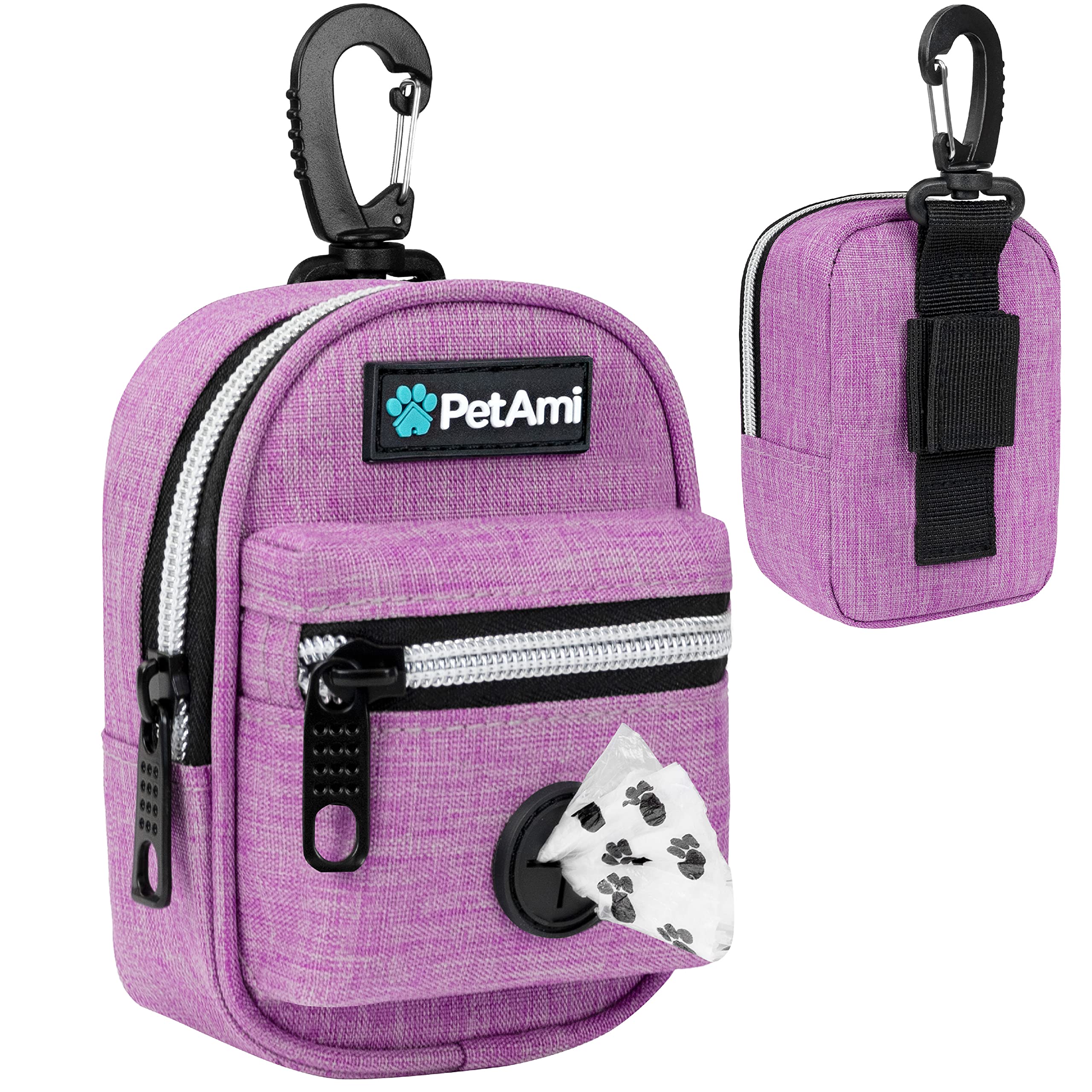 Petami Dog Poop Bag Holder | Dog Waste Bag Dispenser With Clip For Leash And Belt | Portable Fabric Doggy Waste Bag Holder For Walking Hiking Running Travel - With One Roll Of Dog Bag (Heather Purple)