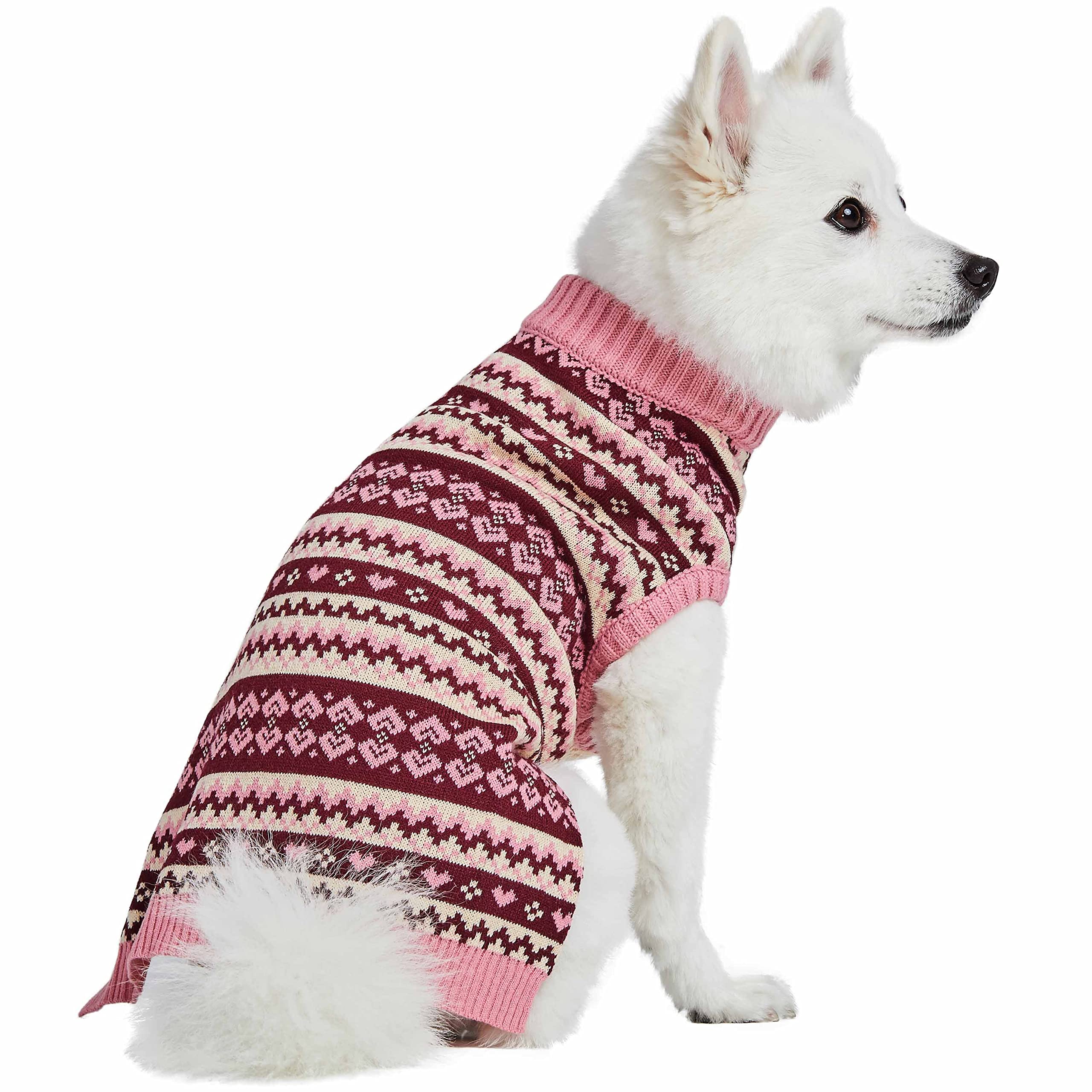 Blueberry Pet Heart Designer Everyday Turtleneck Fair Isle Fall Winter Pullover Dog Sweater In Pink, Back Length 12', Warm Clothes For Small Dogs